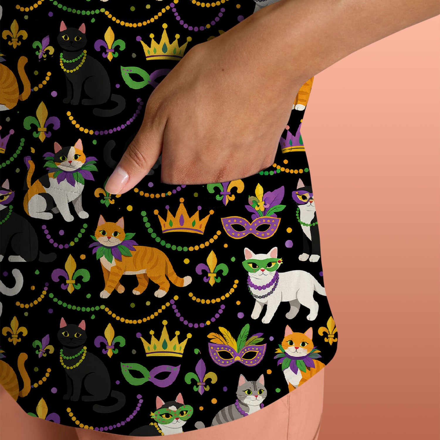 Cat Mardi Gras Nurse Scrub Top, Comfortable Uniform Scrubs For Nursing