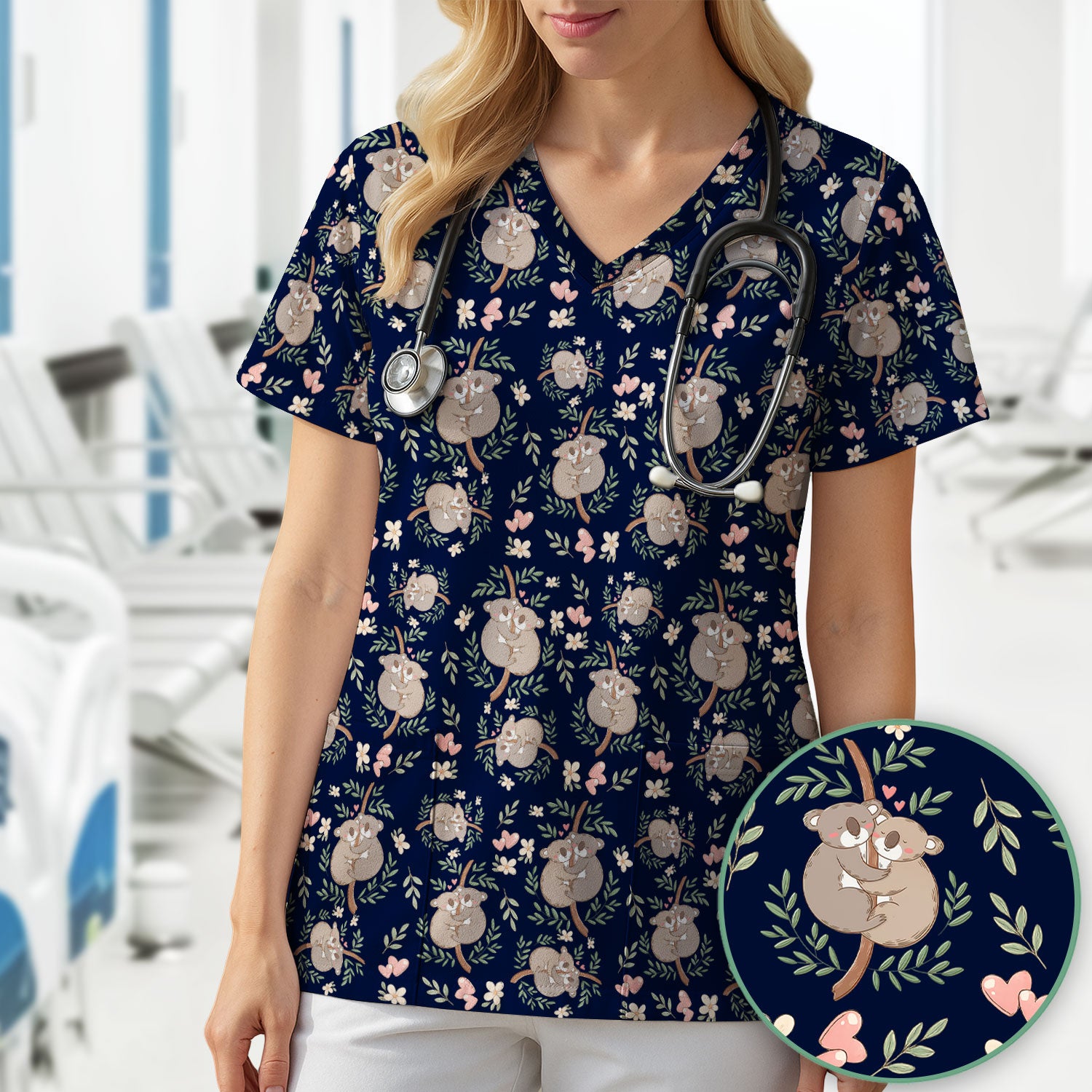 Cute Koala Love Pattern Medical Scrub Top, Breathable Fabrics Nursing Uniform
