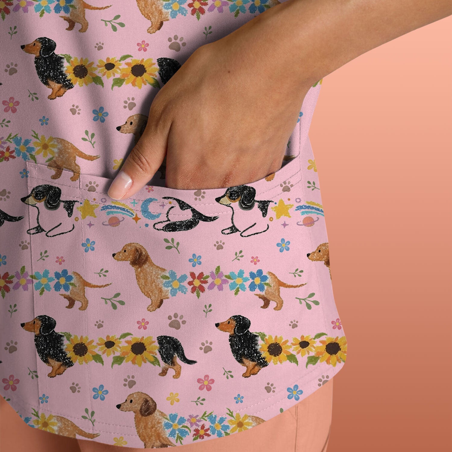 Floral Wiener Dog Pattern Scrub Top, Medical Scrubs for Nurses