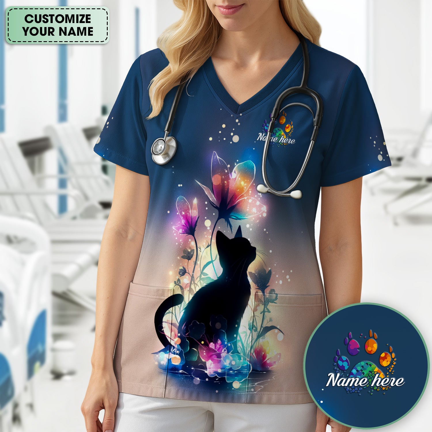 Custom Name Cat Floral Glow Pattern Scrub Top, Breathable Fabrics Nursing Uniform