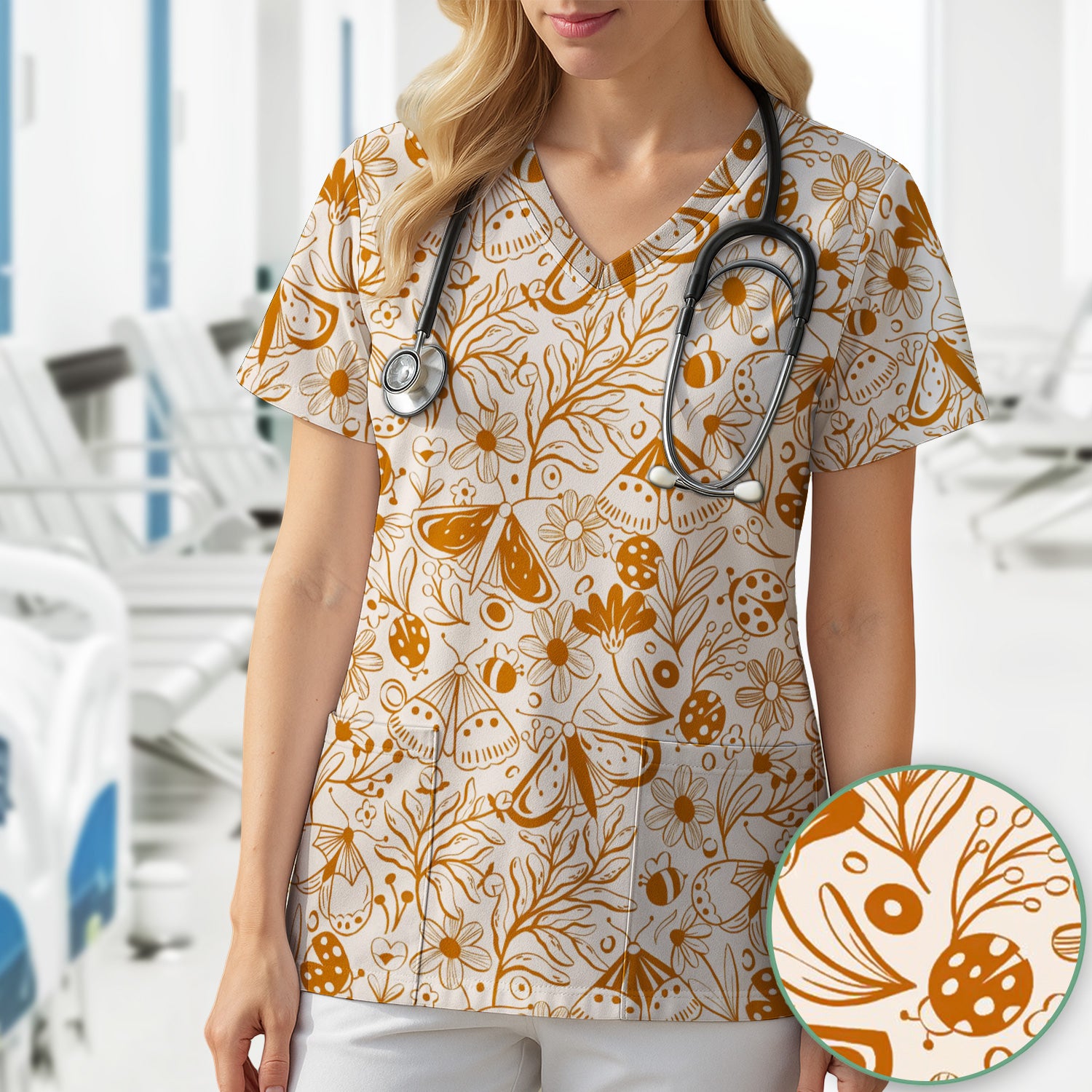 Butterfly Ladybug Floral Garden Pattern Scrub Top, Comfortable Scrubs for Nurses