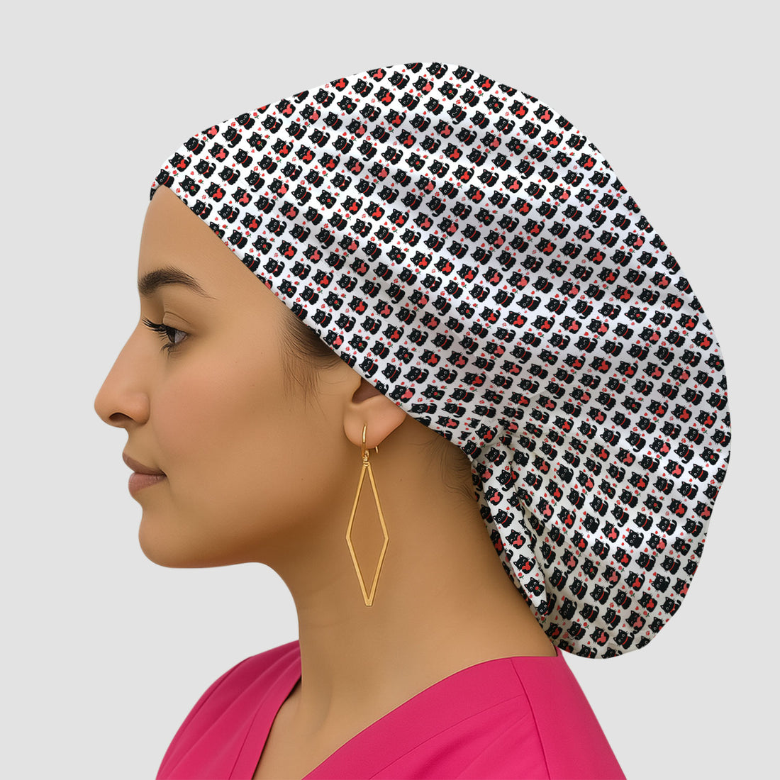 Black Cat Valentine Nurse Scrub Cap, Cute Heart Pattern Medical Hat, Breathable Fabrics Nursing Uniform