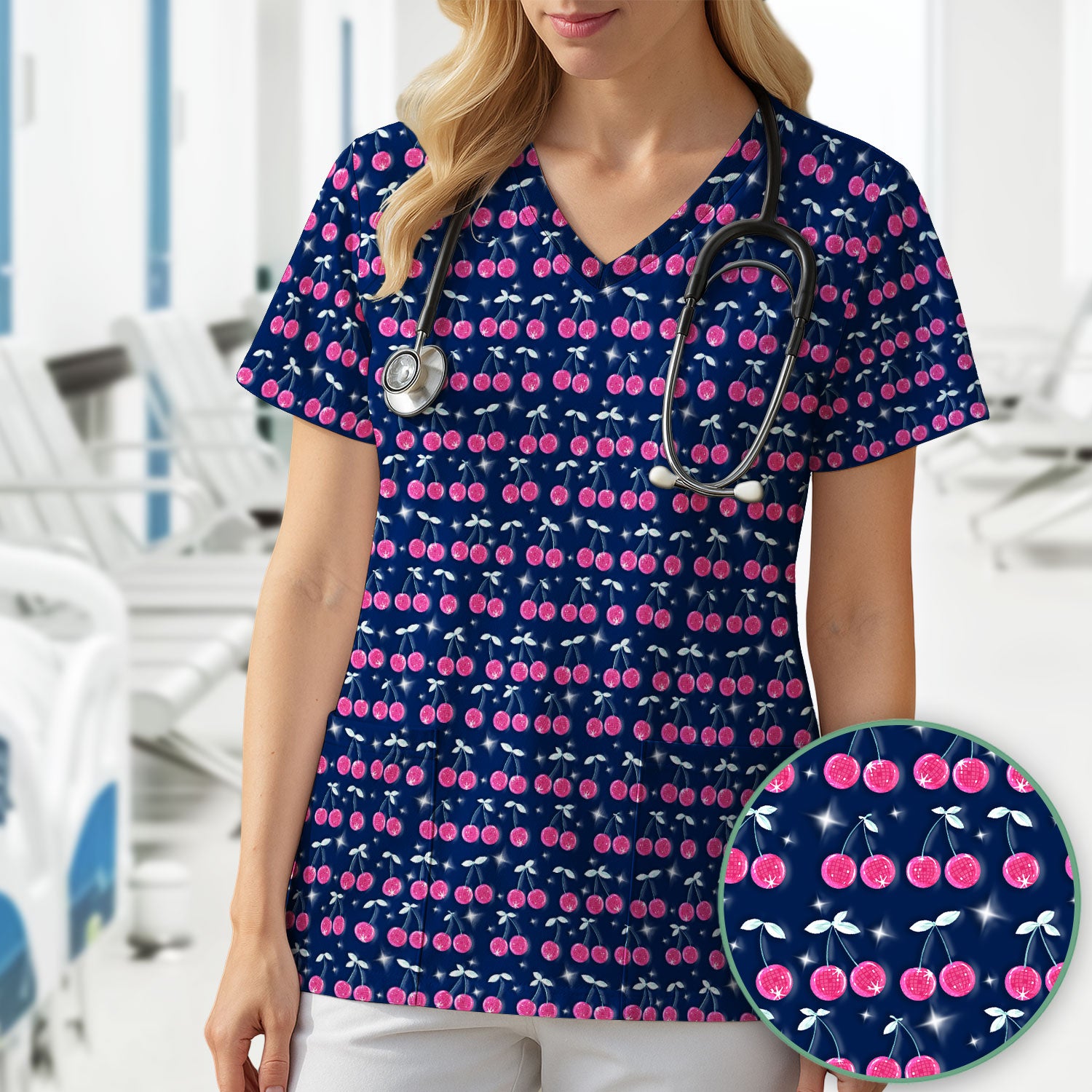 Pink Cherry Sparkle Print Scrub Top, Comfortable Scrubs for Nurses