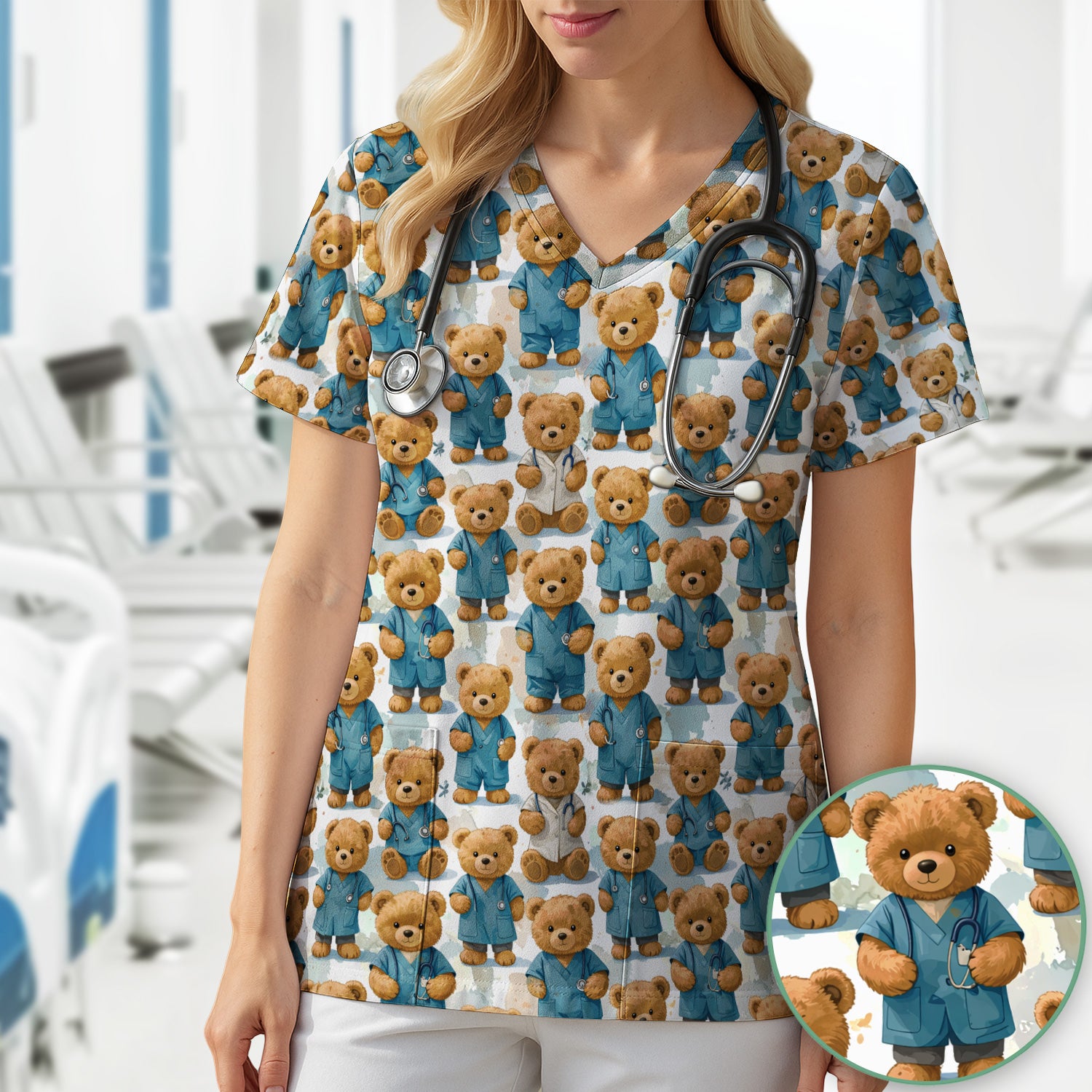 Teddy Bear Doctor Character Pattern Scrub Top, Comfortable Scrubs for Nurses