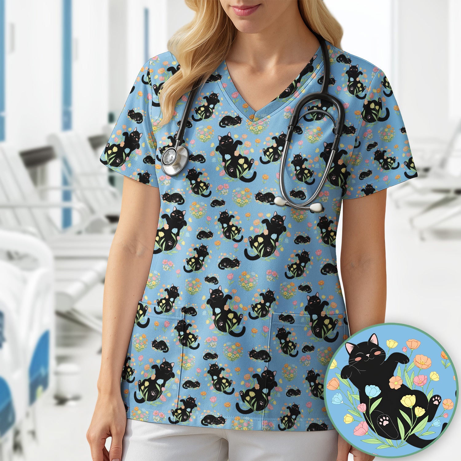 Cats With Cute Poses Floral Pattern Scrubs Top, Comfortable Scrubs for Nurses