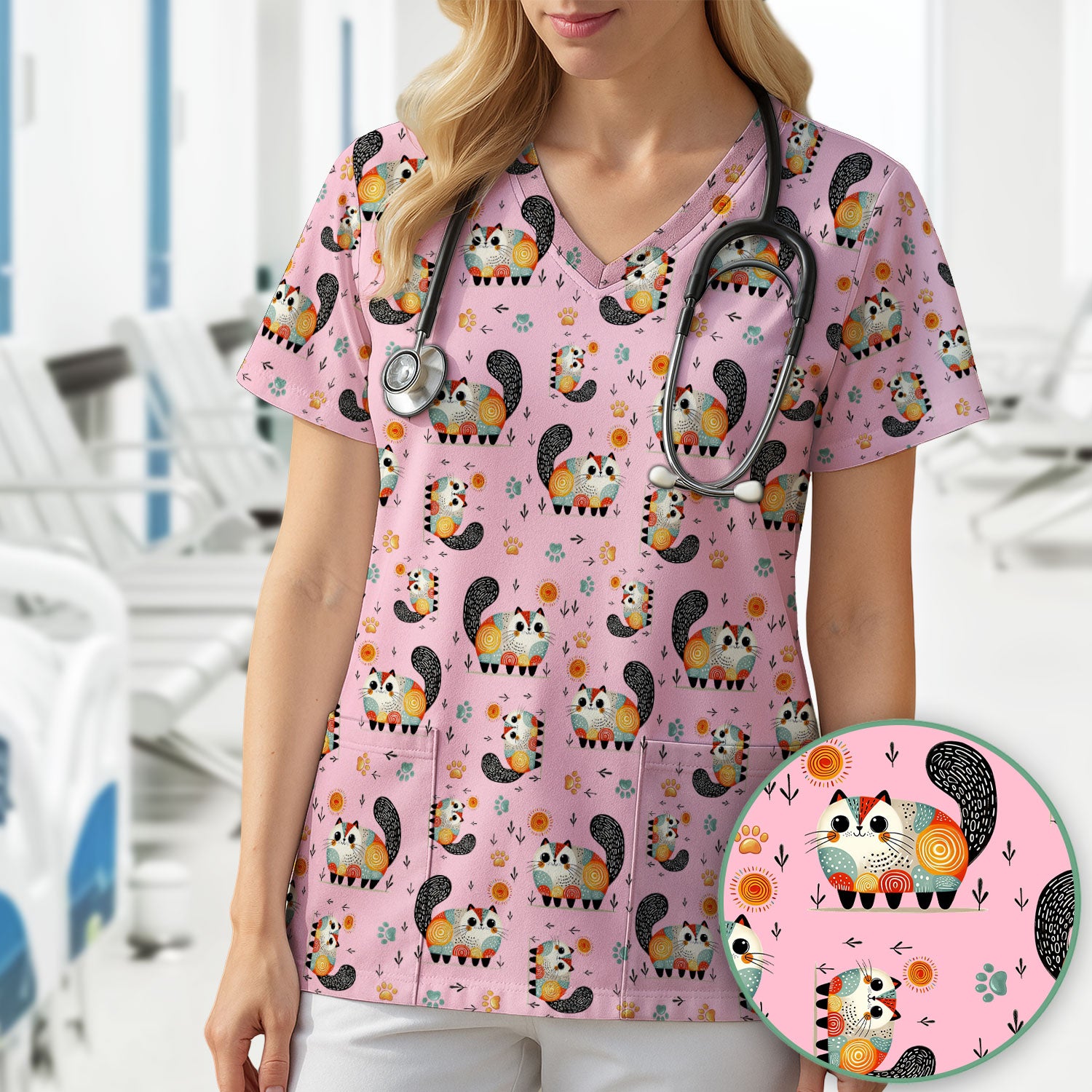 Playful Cat Illustration Nurse Scrub Top, Comfortable Scrubs for Nurses