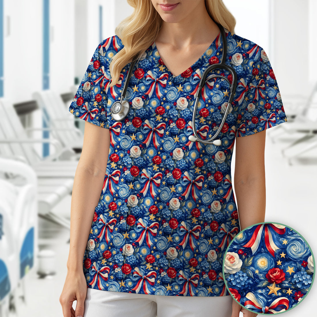 Patriotic Starry Bow Nurse Pattern Scrub Top, Comfortable Scrubs for Nurses