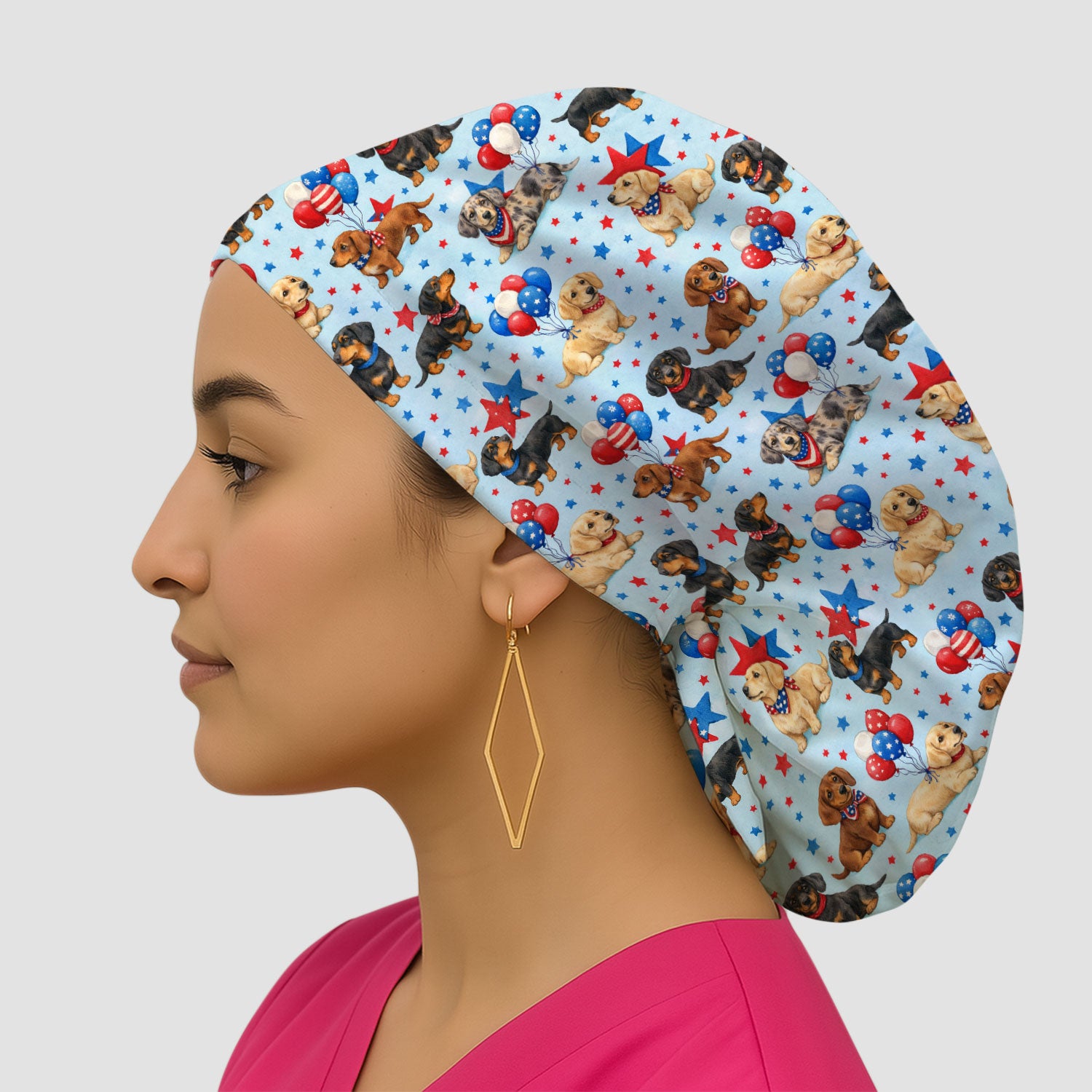 Cute Patriotic Dachshund Balloon Star Pattern Scrub Cap, Breathable Fabrics Caps Uniform