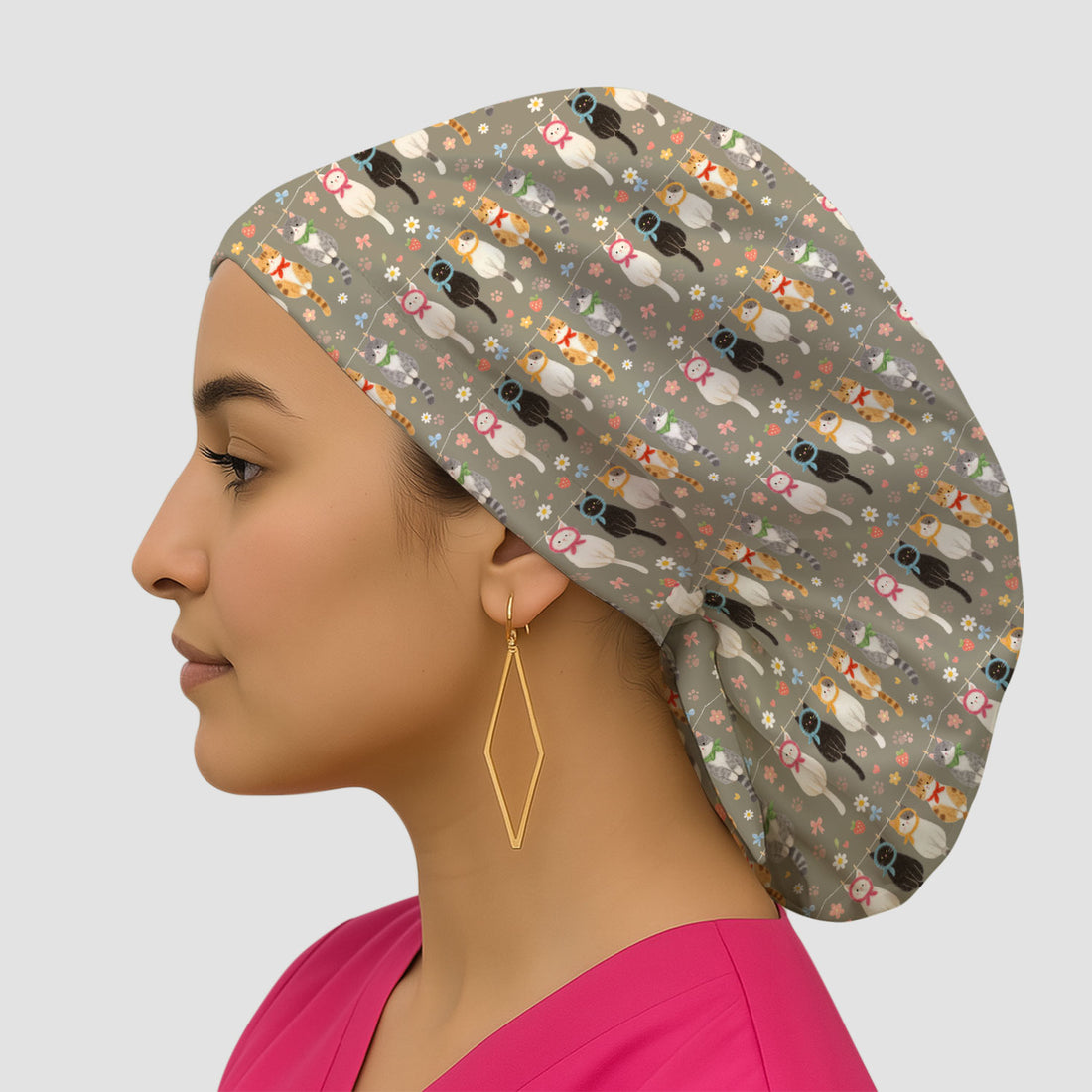 Cute Cat Clothesline Pattern Cap, Bouffant Scrub Caps for Women