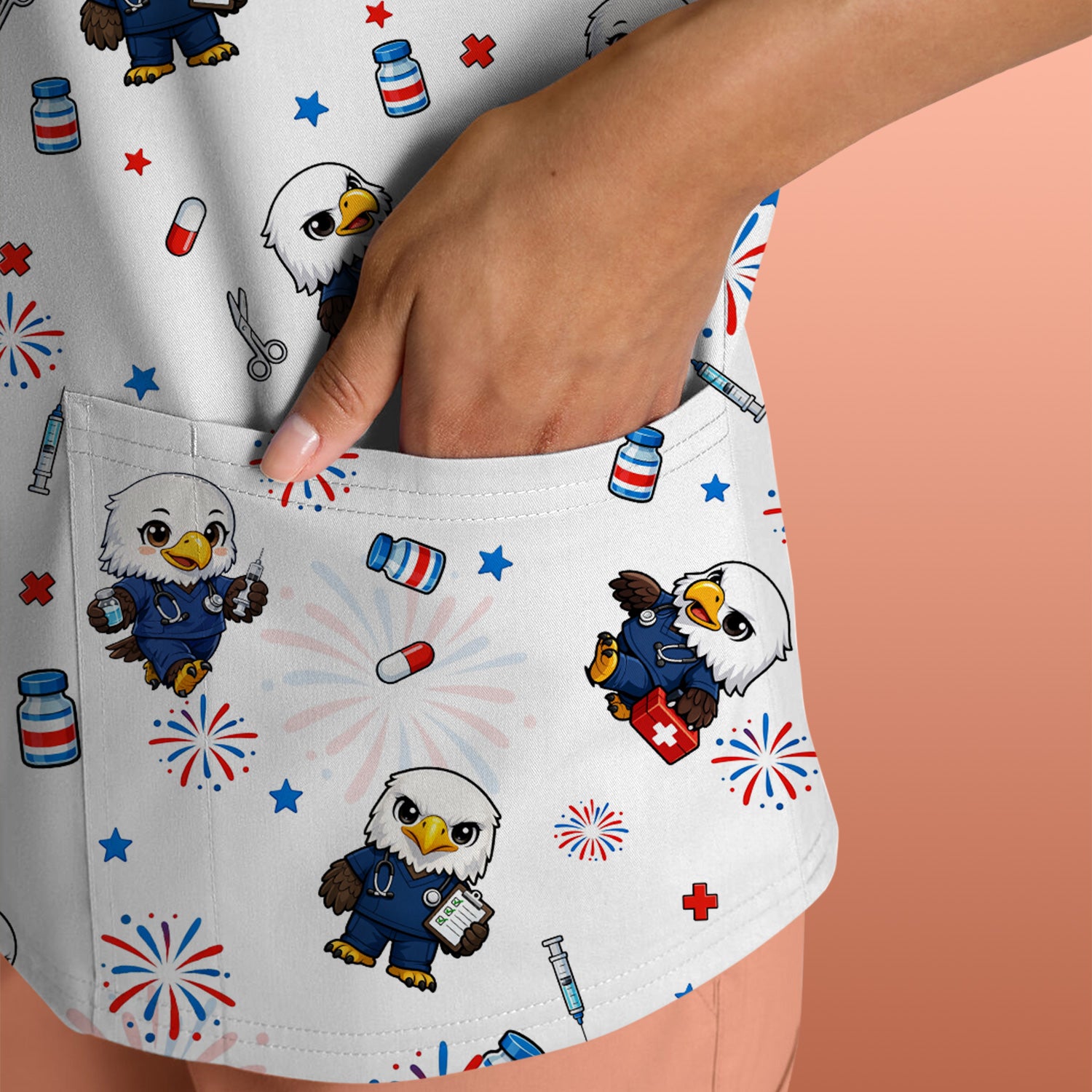 Patriotic Nurse Eagle Fireworks Medical Pattern Scrub Top, Breathable Fabrics Nursing Uniform