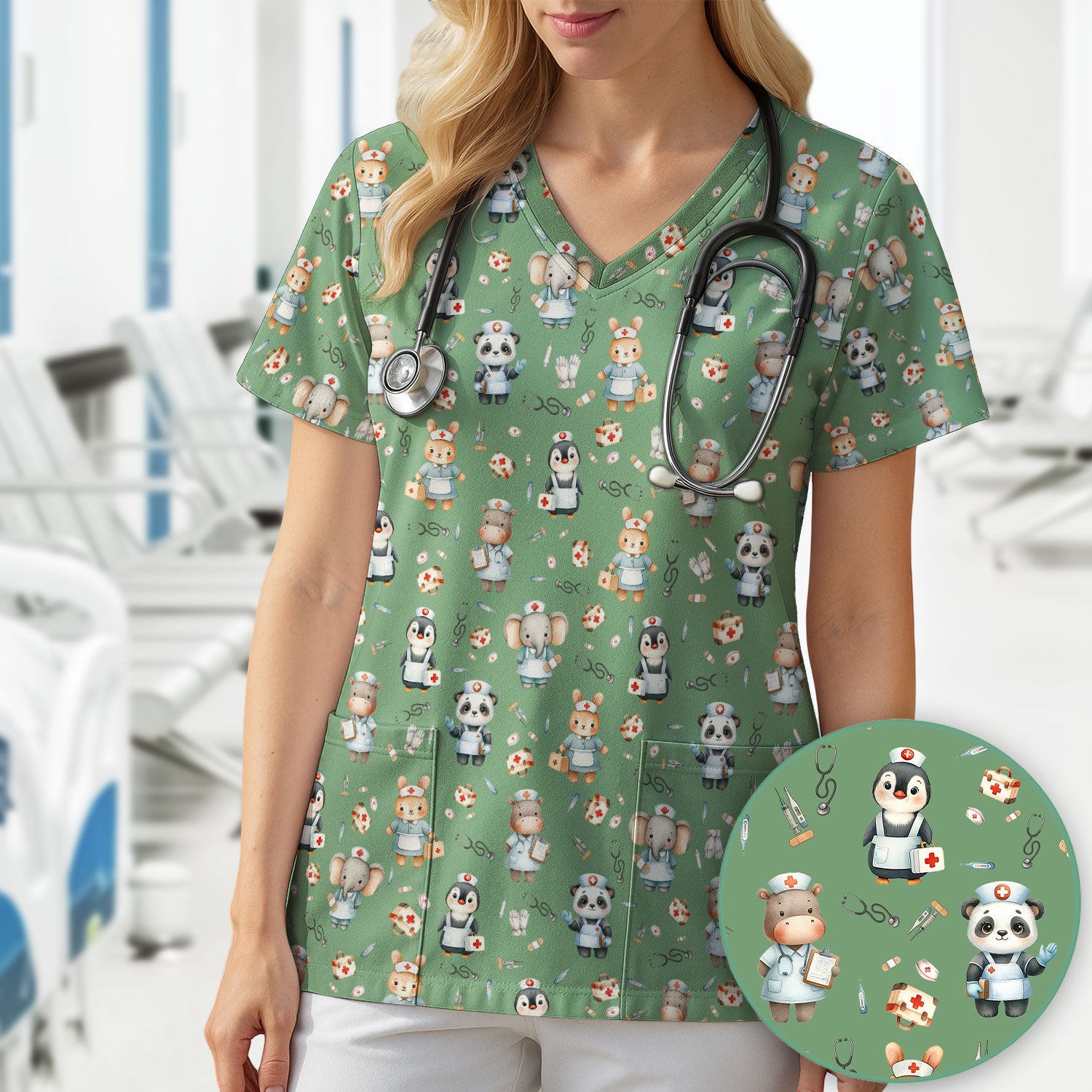 Cute Animal Scrub Top for Women - Funny Panda Rabbit Penguin Shirt - Breathable Med Uniform - Comfortable Scrubs for Nurses