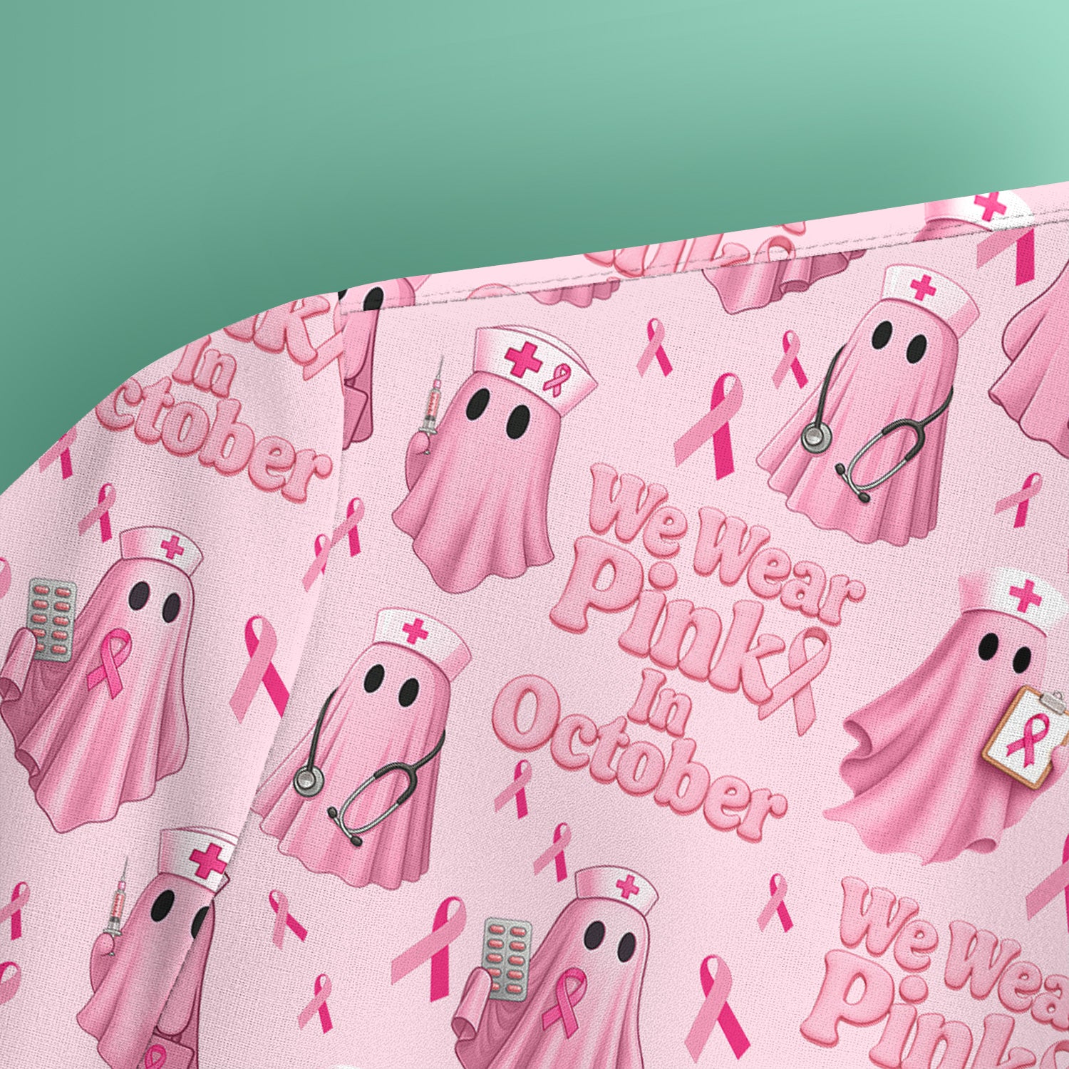 Funny Breast Cancer Awareness Scrub Top - We Wear Pink In October & Ghost Nurse Design - Gift for RN LPN CNA