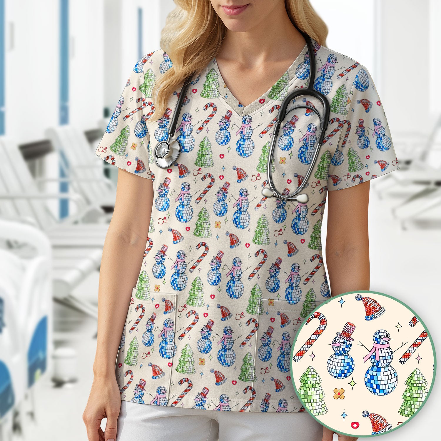 Funny Snowman Scrub Top for Women - Breathable Fabrics Med Uniform - Comfortable Scrubs for Nurses - Christmas Gift for LPN CNA RN