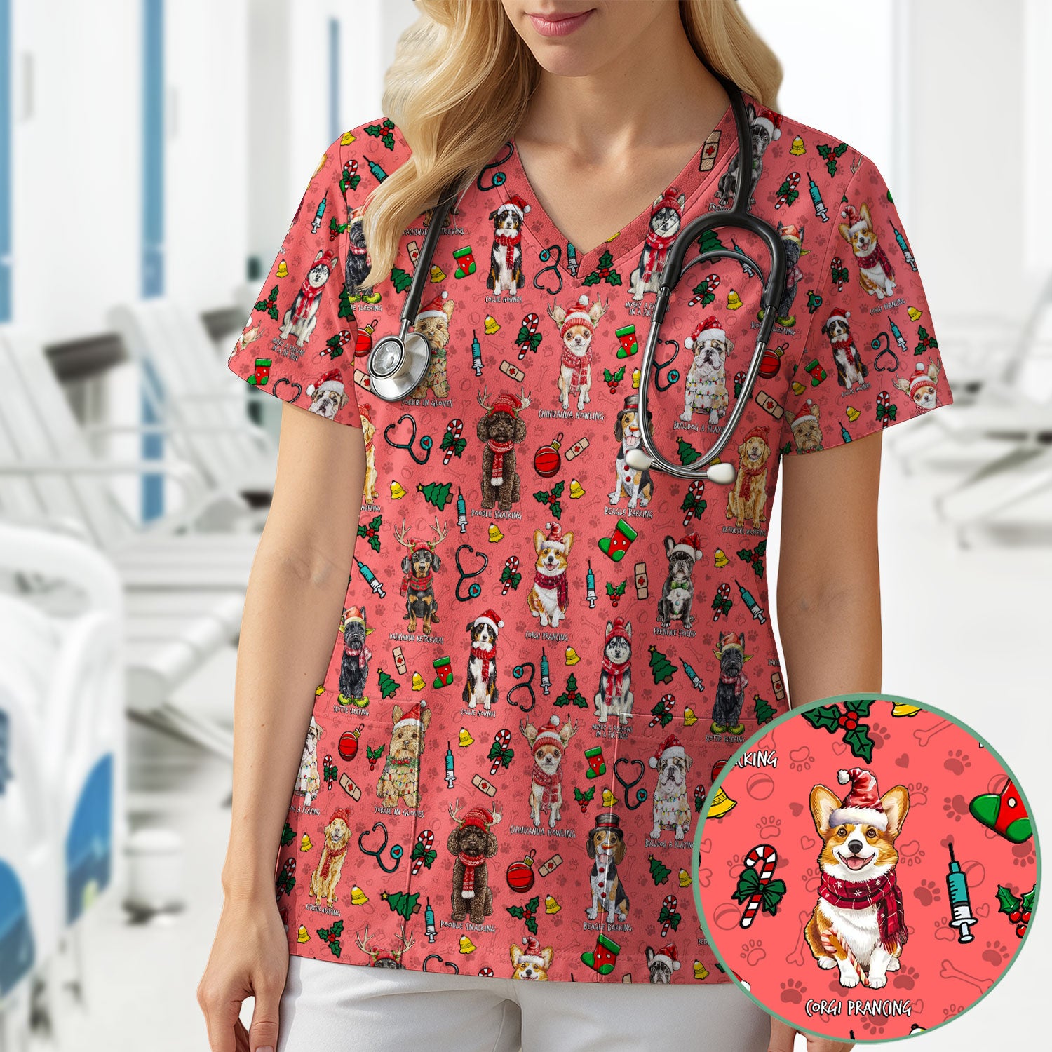 Cute Christmas Dog Scrubs for Nurses - Corgi, Dachshund, Husky, Poodle & Labrador - Funny Holiday Medical Scrub Top for Women