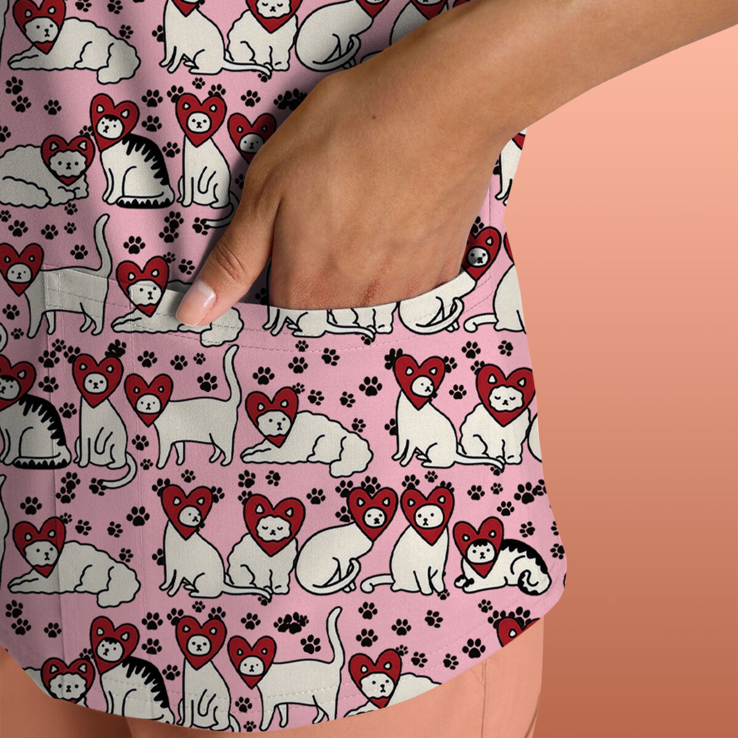 Cute Cat Heart Pattern Scrub Top, Funny Cat Scrub Shirt For Nurses, Breathable Fabrics Nursing Uniform