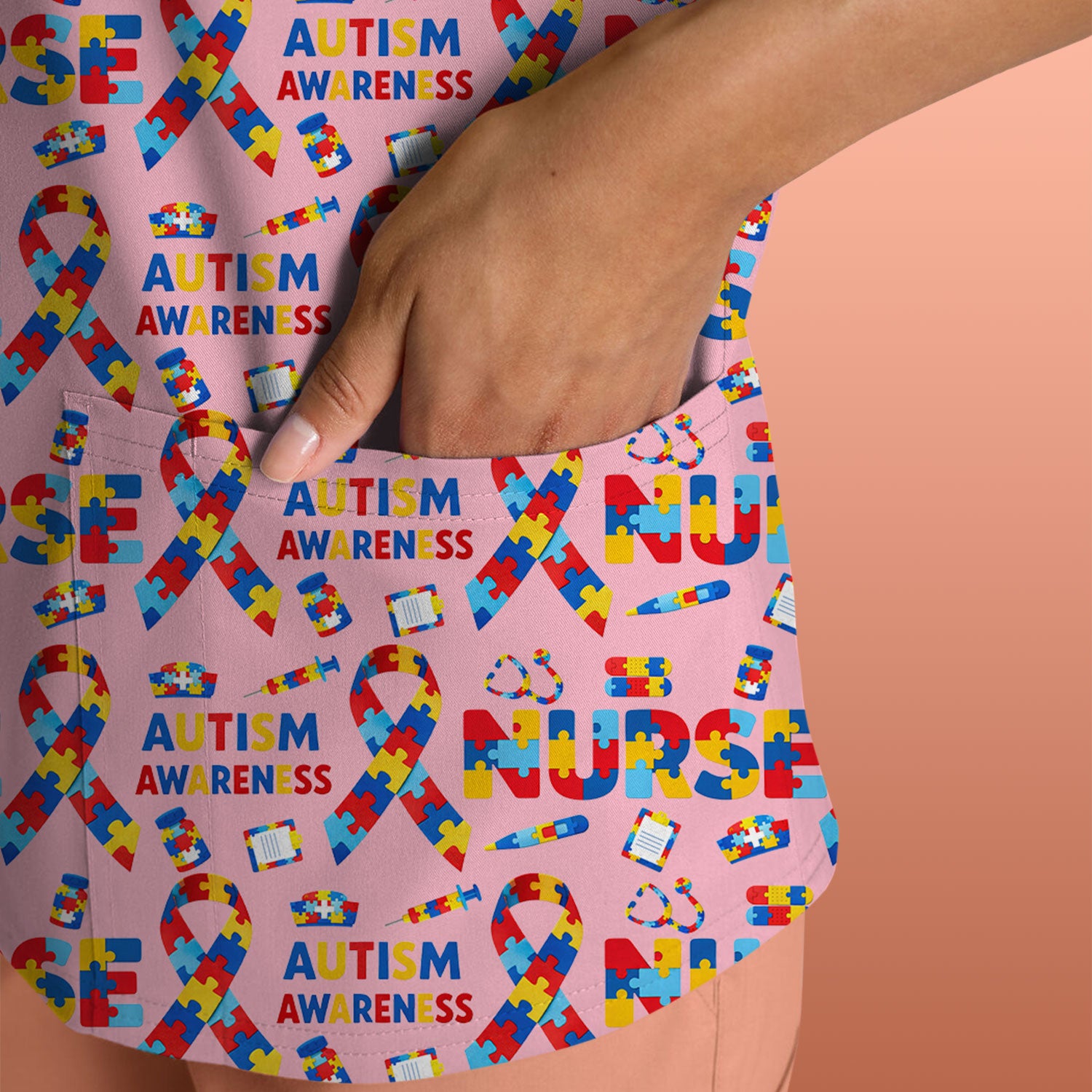 Autism Awareness Nurse Puzzle Ribbon Print Scrubs, Comfortable Scrubs for Nurses