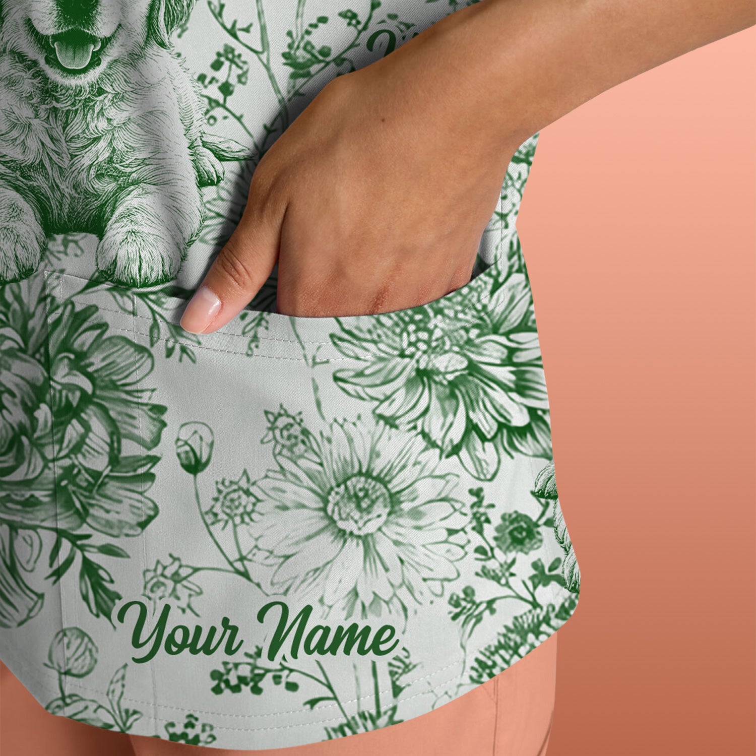 Personalized Custom Pet Photo Name Floral Pattern Scrub Top, Breathable Fabrics Nursing Uniform
