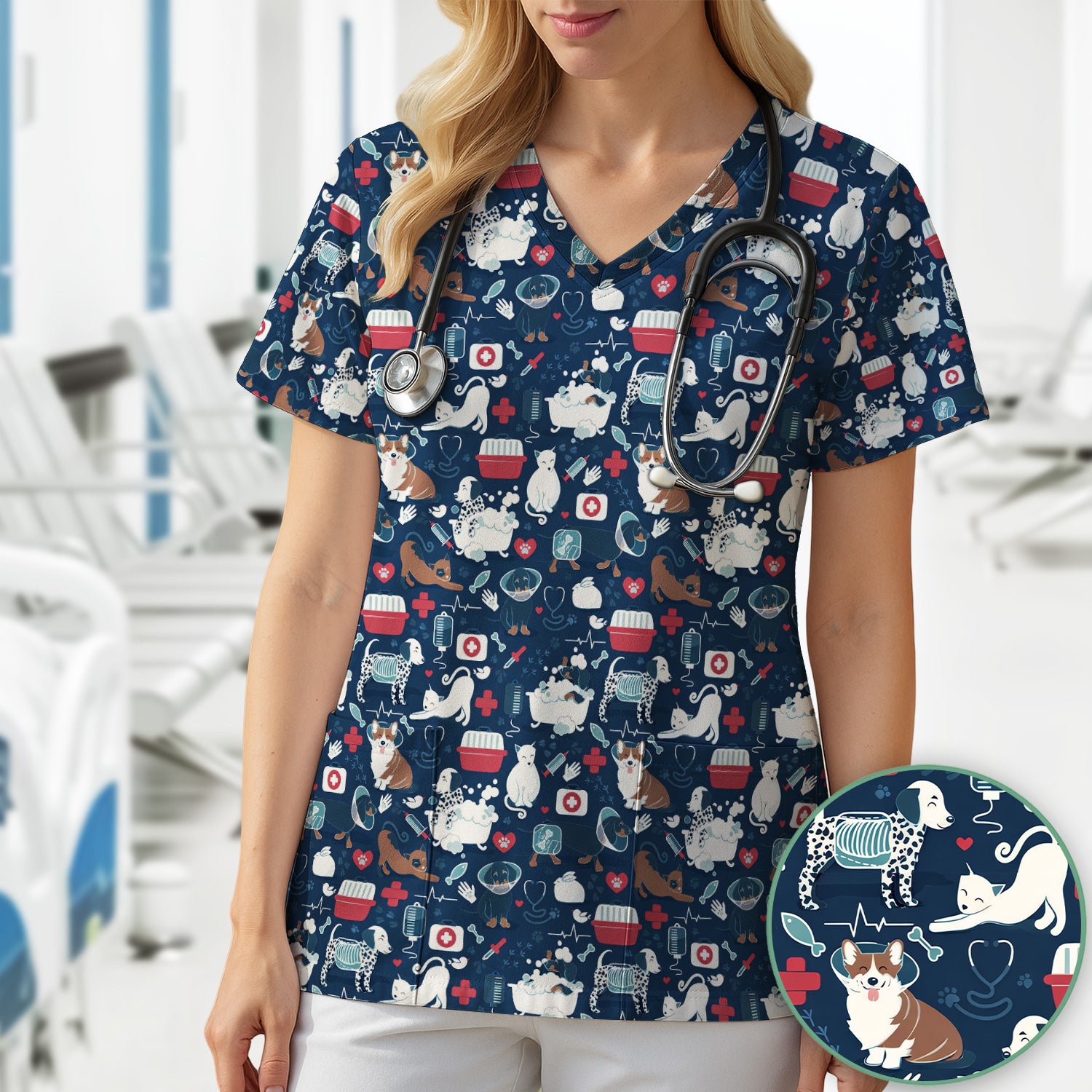 Dogs With Veterinary Tools And Paw Print Scrub Top, Breathable Fabrics Nursing Uniform