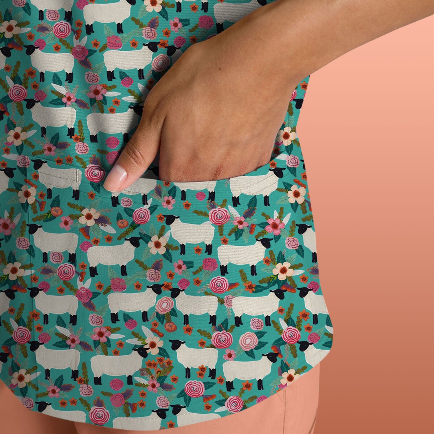 Cute Sheep Floral Meadow Pattern Scrub Top, Comfortable Scrubs For Nurses