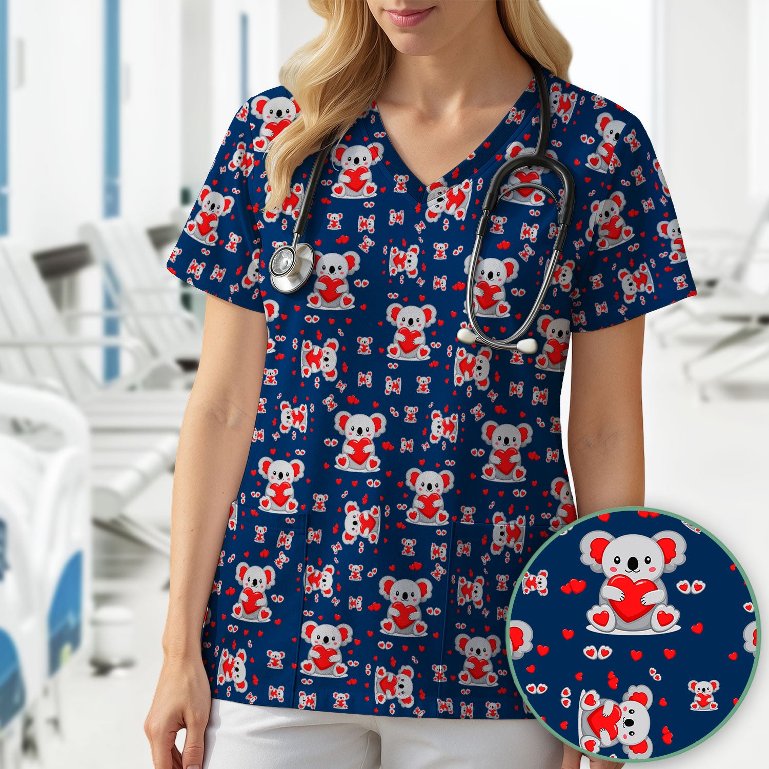 Valentine Cute Koala Heart Pattern Nurse Shirt, Comfortable Scrubs for Nurses