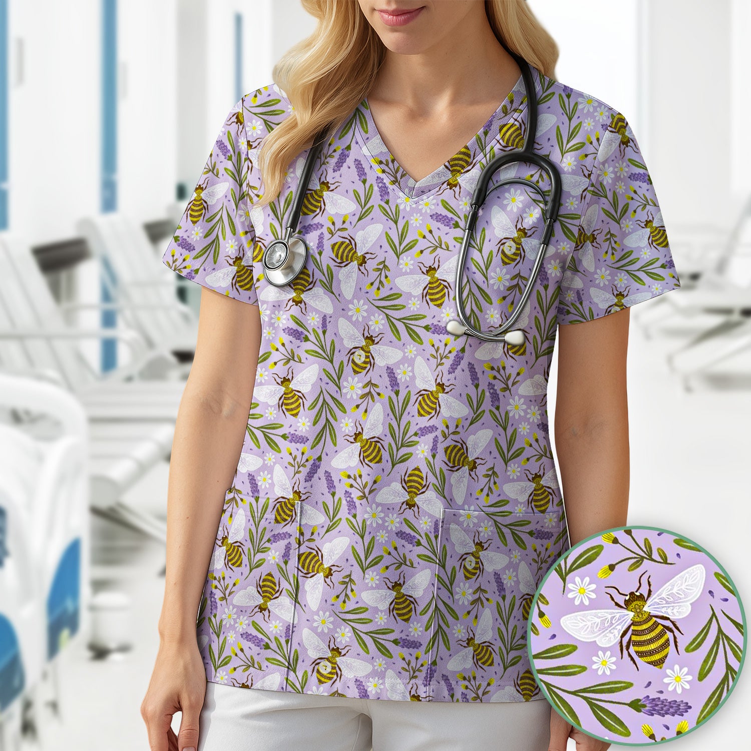 Cute Lavender Bee Floral Pattern Scrub Top, Comfortable Scrubs for Nurses