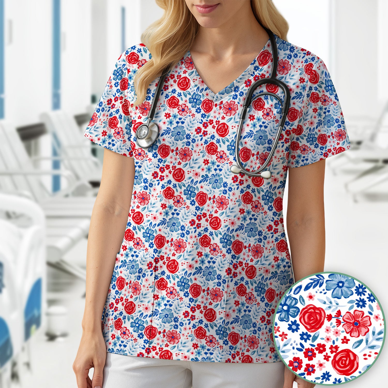 Red Blue Floral Garden Blossom Pattern Scrub Top, Comfortable Scrubs for Nurses