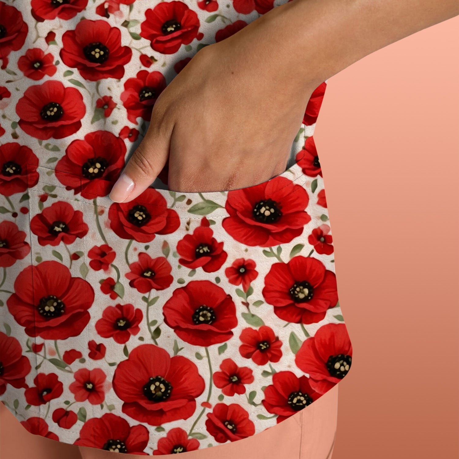 Pretty Red Poppy Flower Garden Pattern Scrub Top, Comfortable Scrubs for Nurses