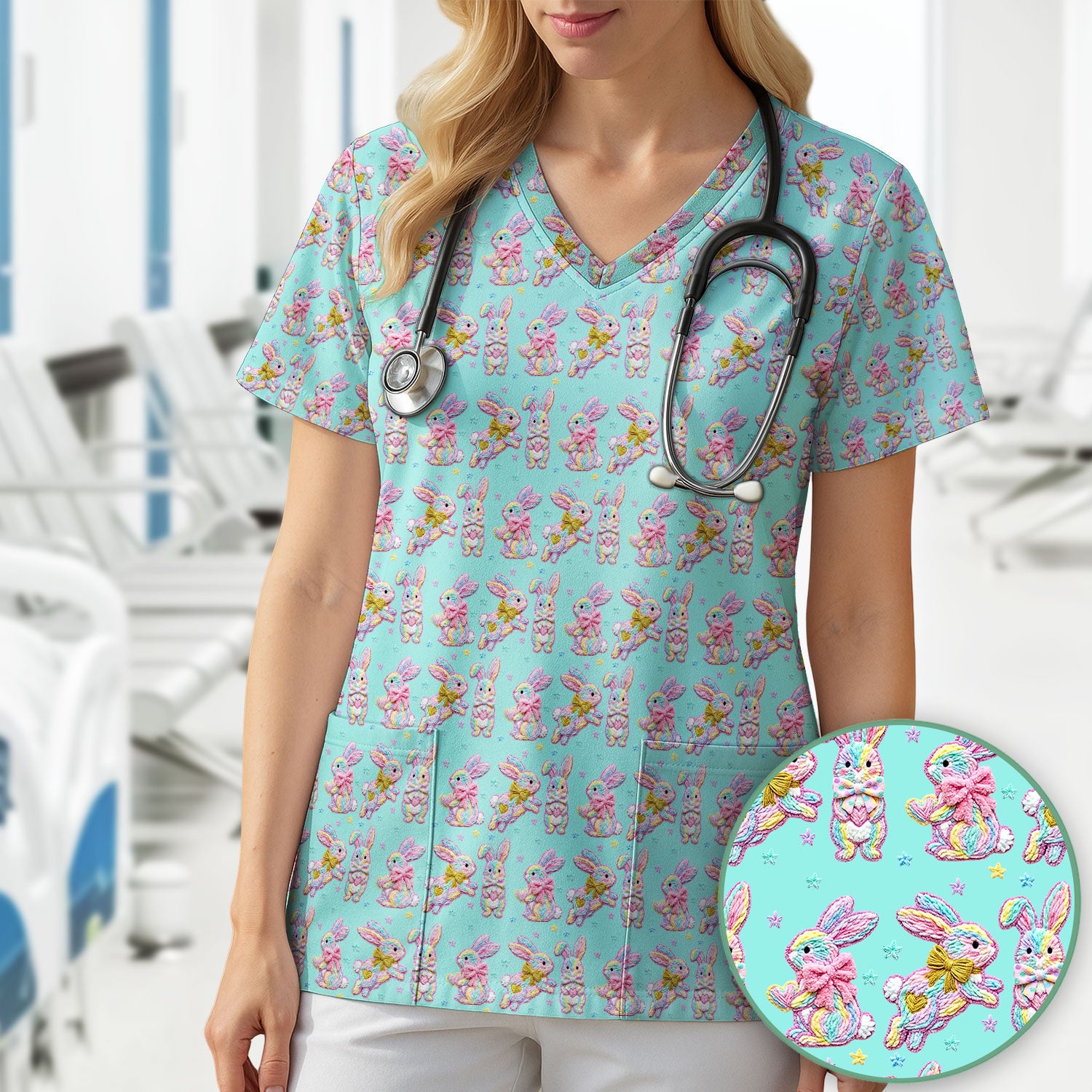 Cartoon Bunny All Over Print Scrub Top, Comfortable Scrubs for Nurses, Easter