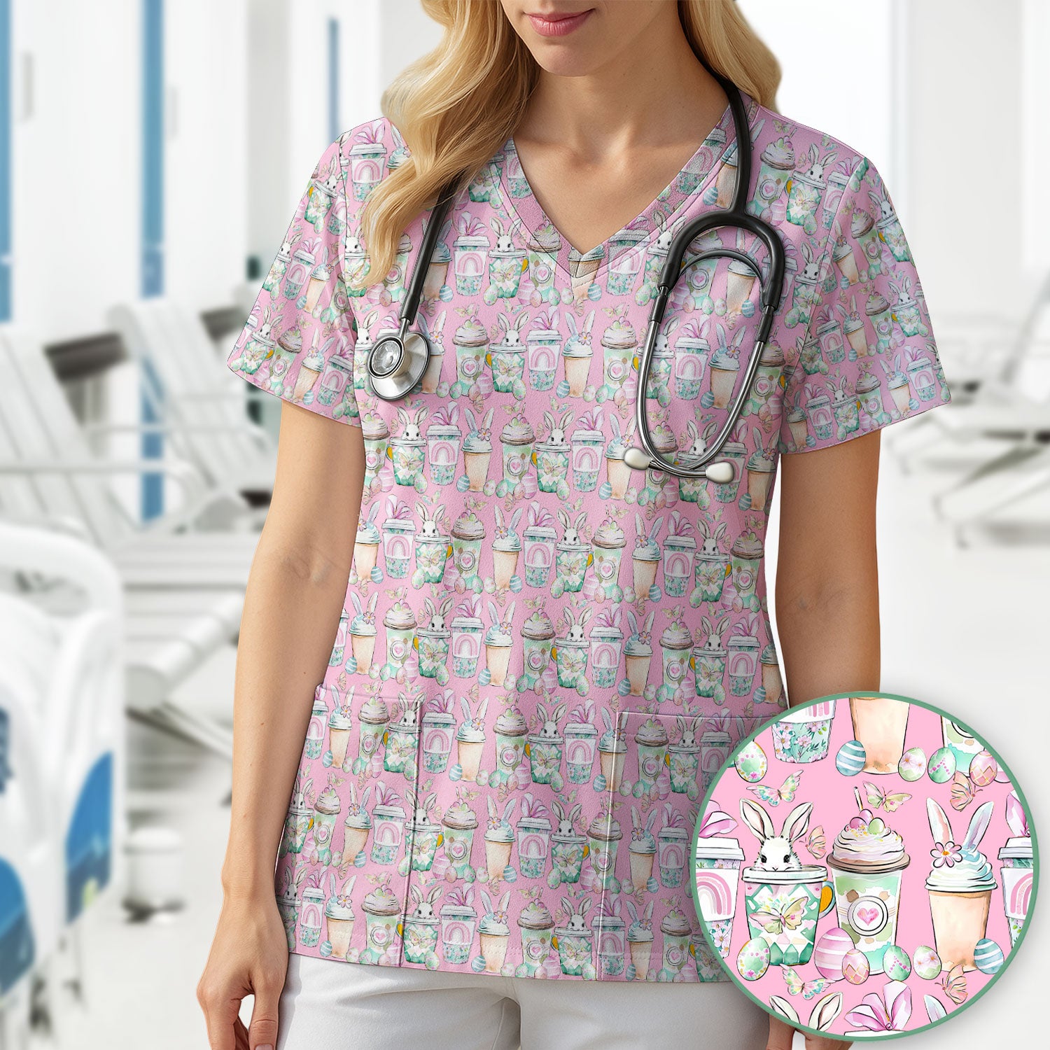 Cute Easter Bunny Coffee Cup Pattern Scrub Top, Comfortable Scrubs for Nurses