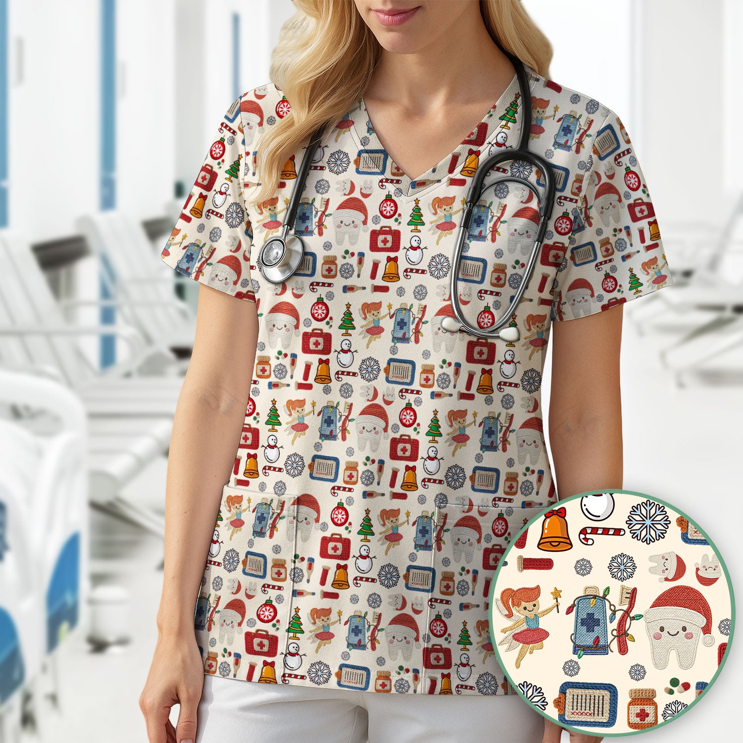 Christmas Dental Scrub Top - Cute Santa Tooth & Snowman Shirt - Festive Holiday Medical Uniform for Dentists, Hygienists & Nurses