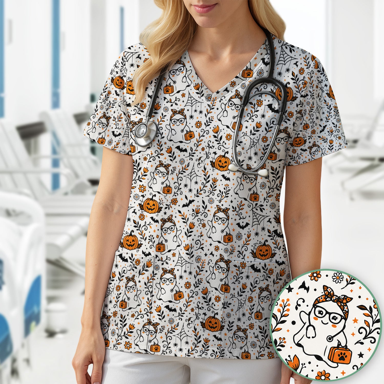 Cute Halloween Nurse Ghost And Pumpkins Scrub Top, Comfortable Scrubs for Nurses