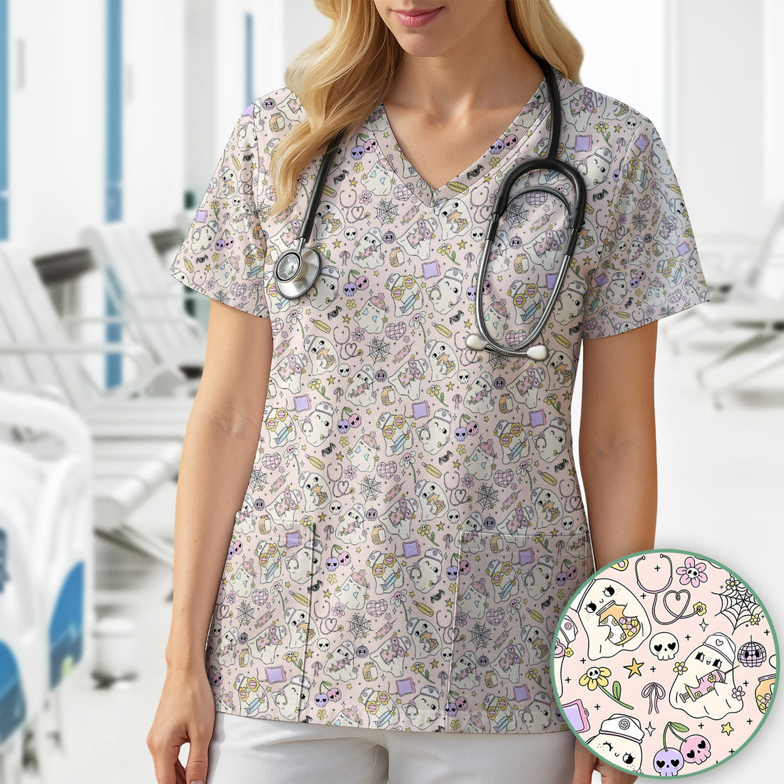 Cute Halloween Nurse Ghosts Pattern Scrub Top, Comfortable Scrubs for Nurses