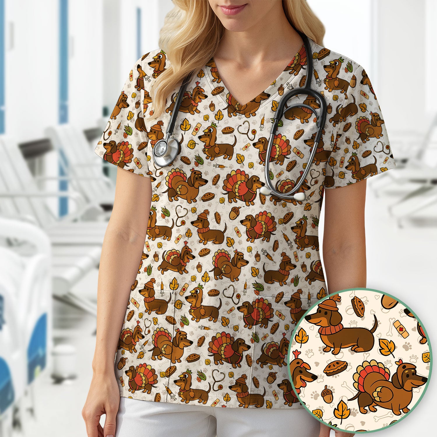 Thanksgiving Wiener Dog Scrub Top - Funny Dachshund TurkeChicken Nurse Shirt for Women - Cute Holiday Medical Uniform
