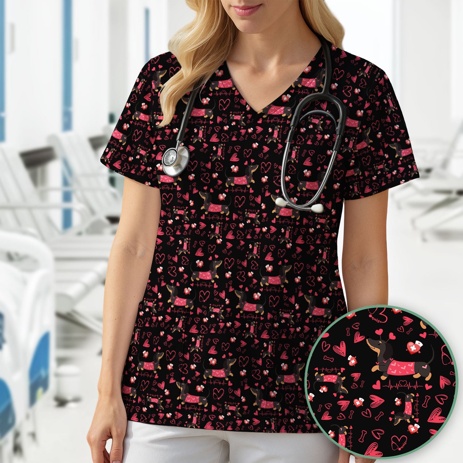 Dachshund Valentine Scrub Top, Cute Wiener Dog Heart Pattern Nurse Shirt, Breathable Fabrics Nursing Uniform