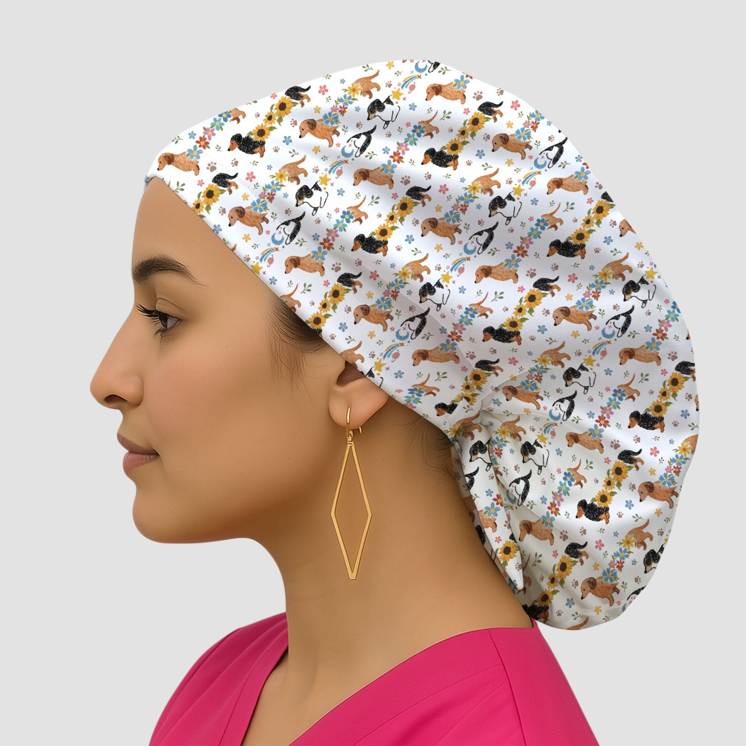 Floral Wiener Dog Pattern Print Cap, Bouffant Scrub Caps for Women