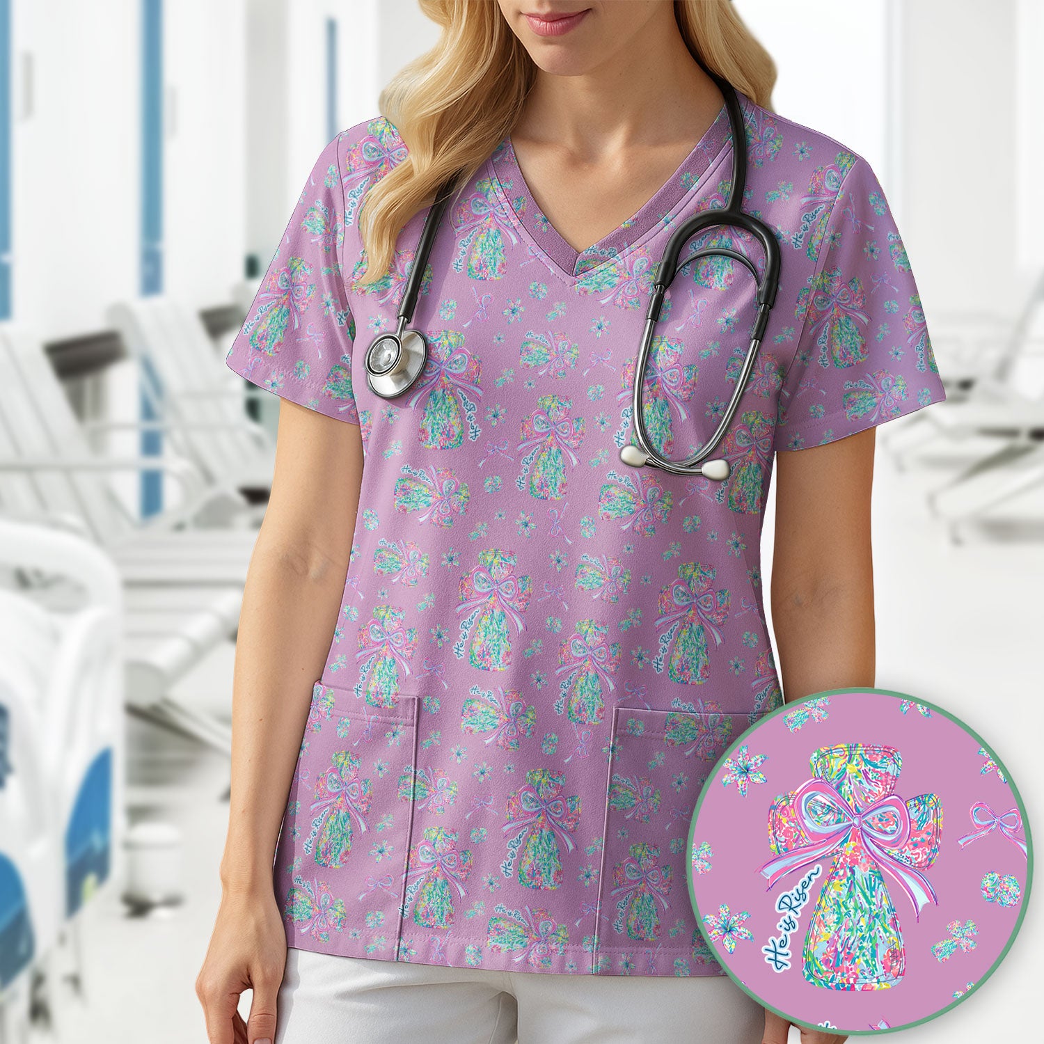 Colorful Bow Pattern Scrub Top, Breathable Fabrics Nursing Uniform
