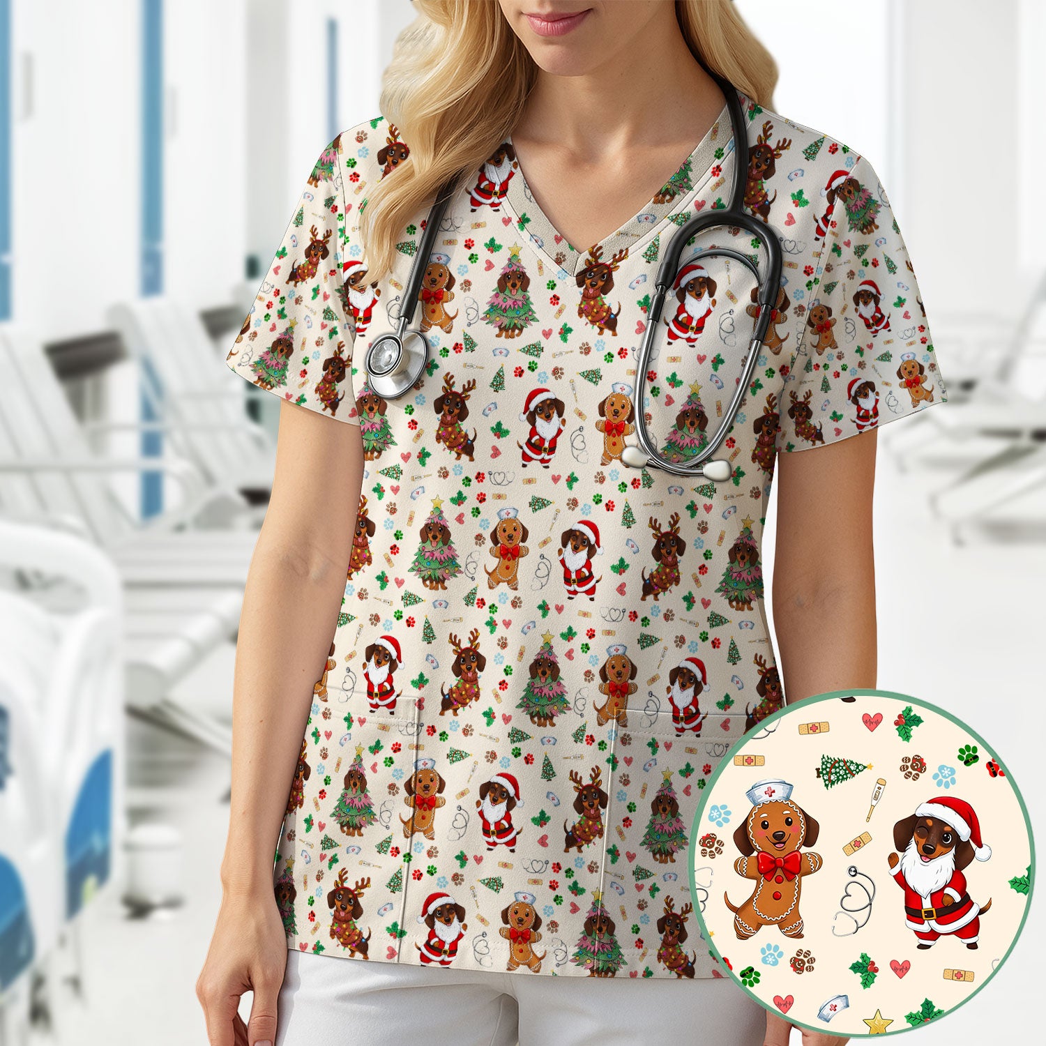 Wiener Dog Christmas Scrub Top – Funny Dachshund Pattern Medical Shirt – Festive Holiday Uniform for RN, LPN, CNA, and Vet Techs