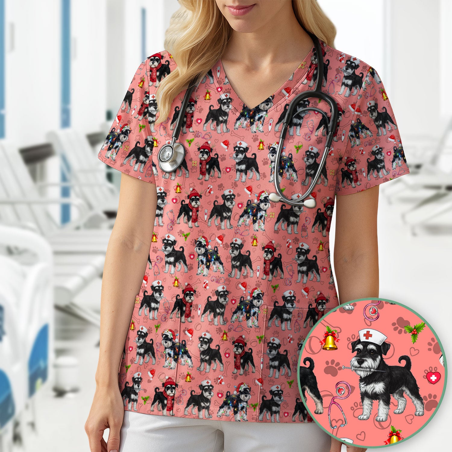 Christmas Schnauzer Scrubs for Nurses - Cute Dog Holiday Scrub Top - Funny Santa Nursing Medical Shirt for Women