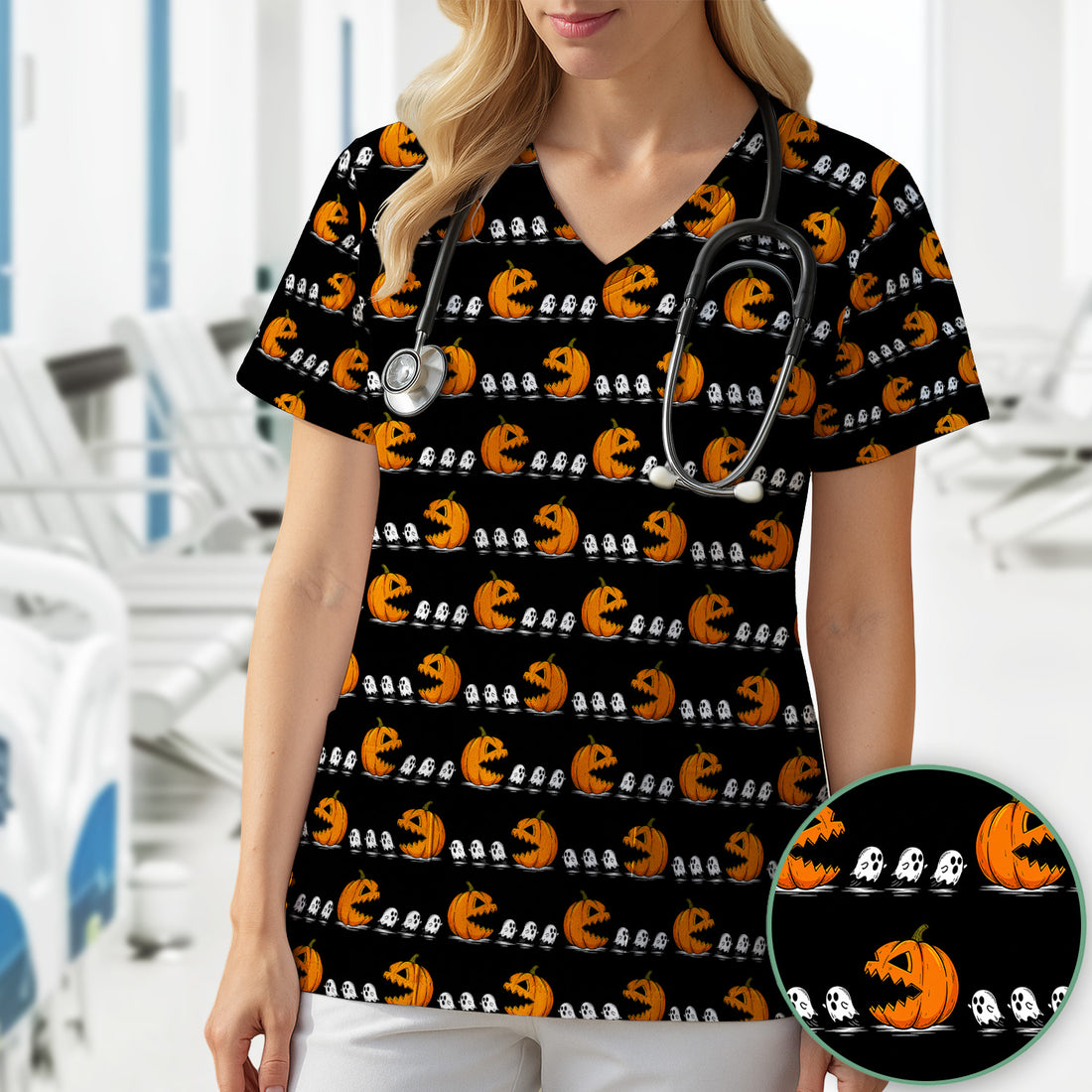 Spooky Halloween Pumpkin Ghost Scrub Top, Comfortable Scrubs for Nurses