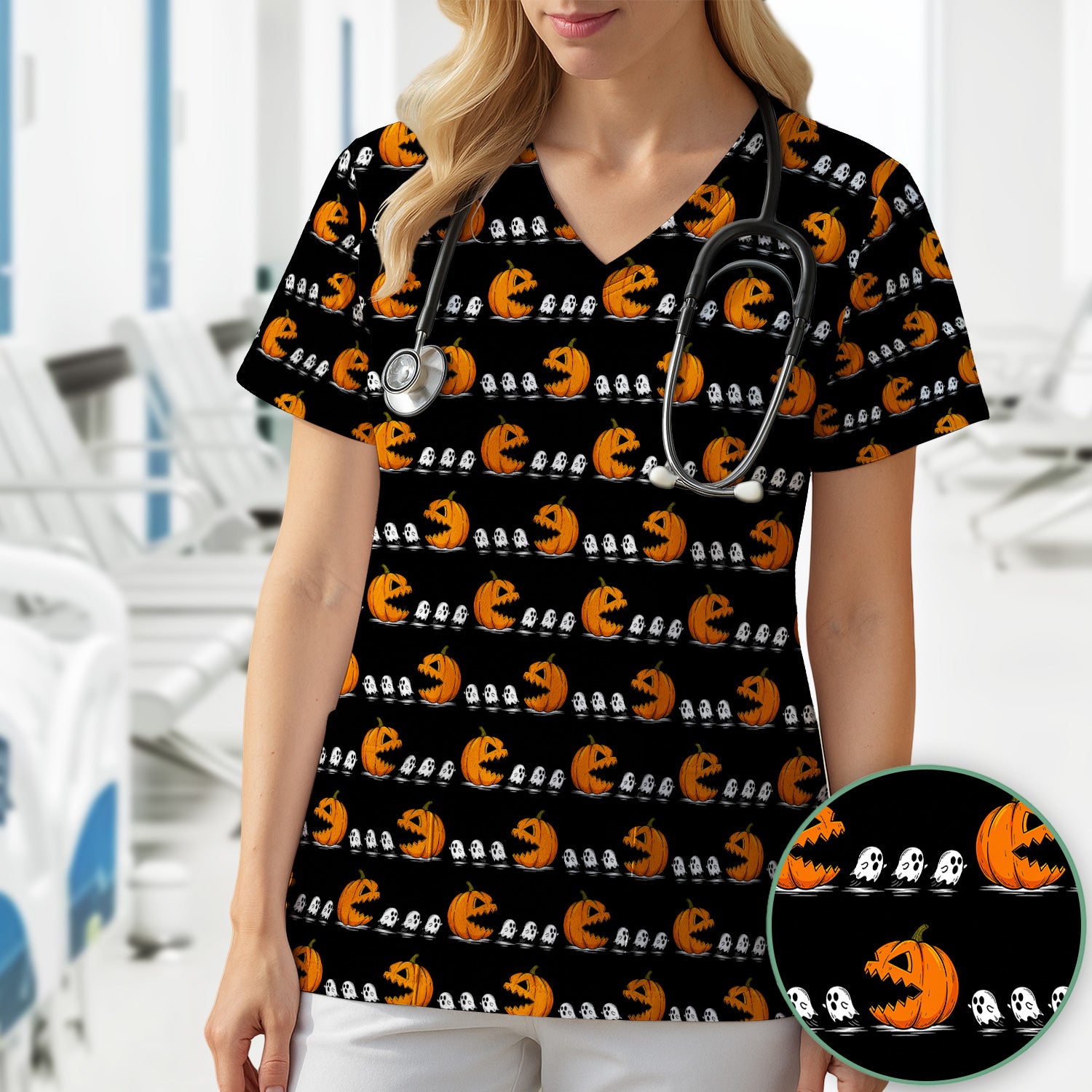 Spooky Halloween Pumpkin Ghost Scrub Top, Comfortable Scrubs for Nurses