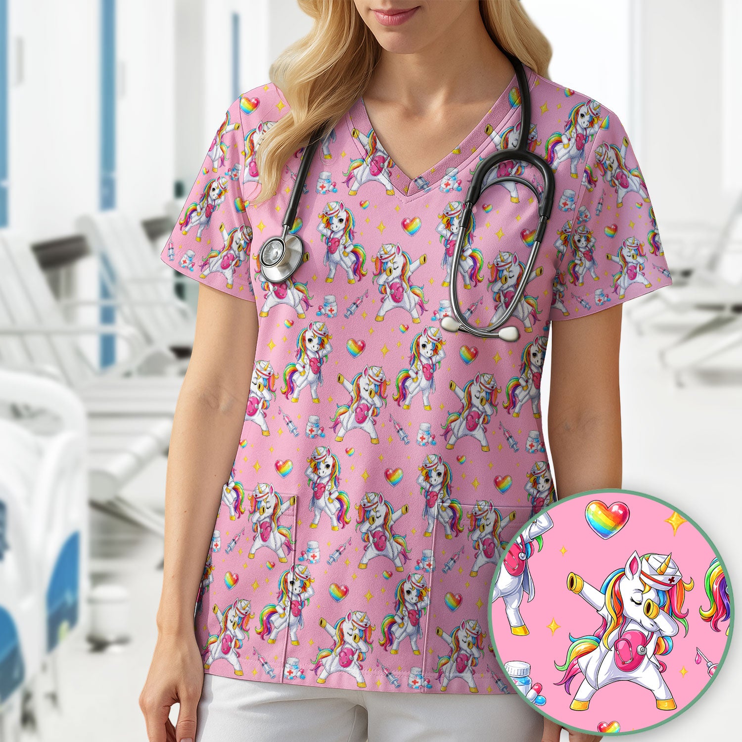 Playful Nurse Unicorn Rainbow Pattern Scrub Top, Comfortable Scrubs for Nurses