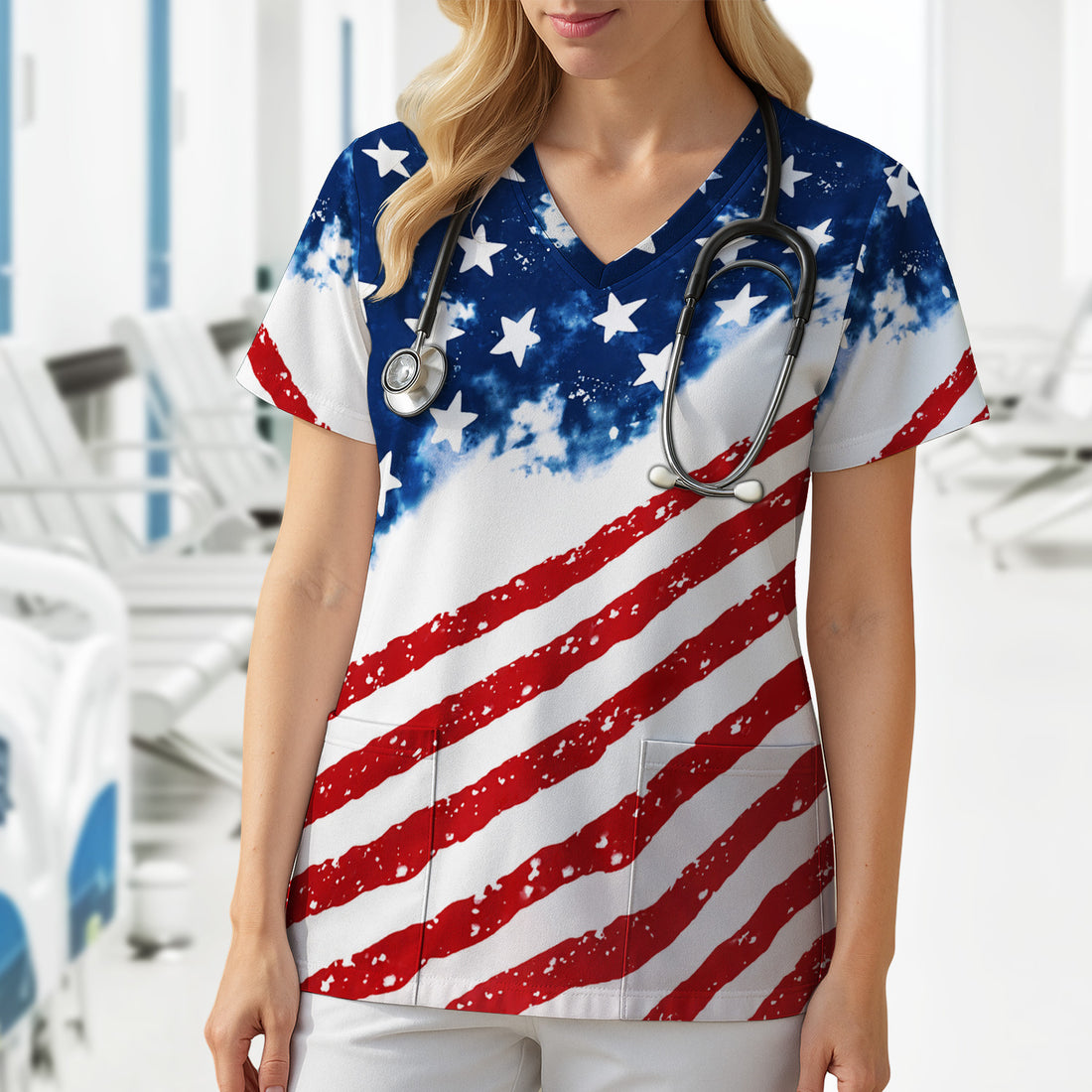 USA Stars And Stripes Pattern Scrub Top, Comfortable Scrubs for Nurses