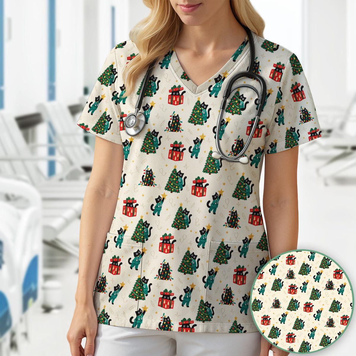 Christmas Black Nurse Cats And Trees Scrub Top, Comfortable Scrubs for Nurses
