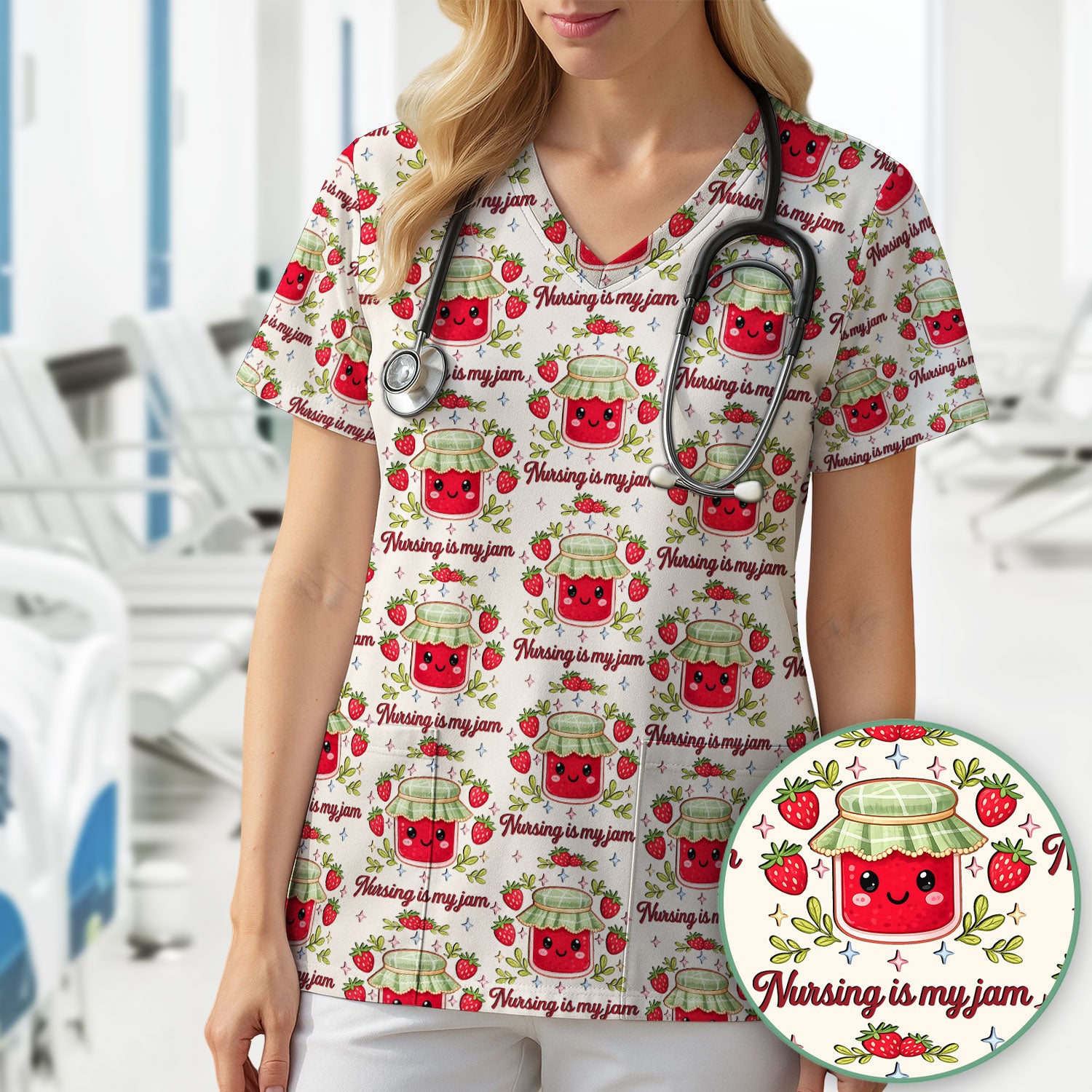 Cute Strawberry Jam Nurse Pattern Scrub Top, Breathable Fabrics Nursing Uniform
