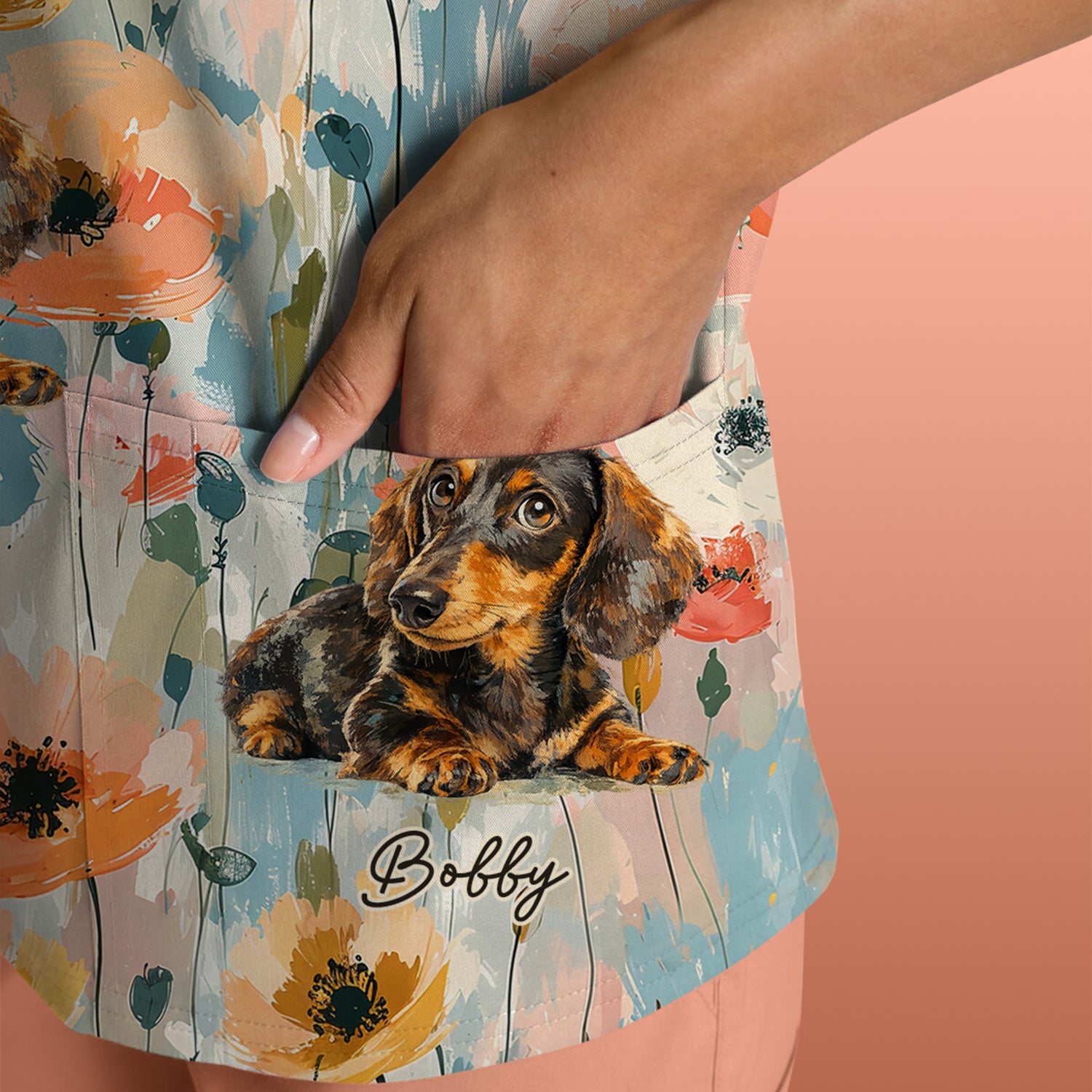 Personalized Dachshund Floral Portrait Pattern Scrub Top, Comfortable Scrubs for Nurses