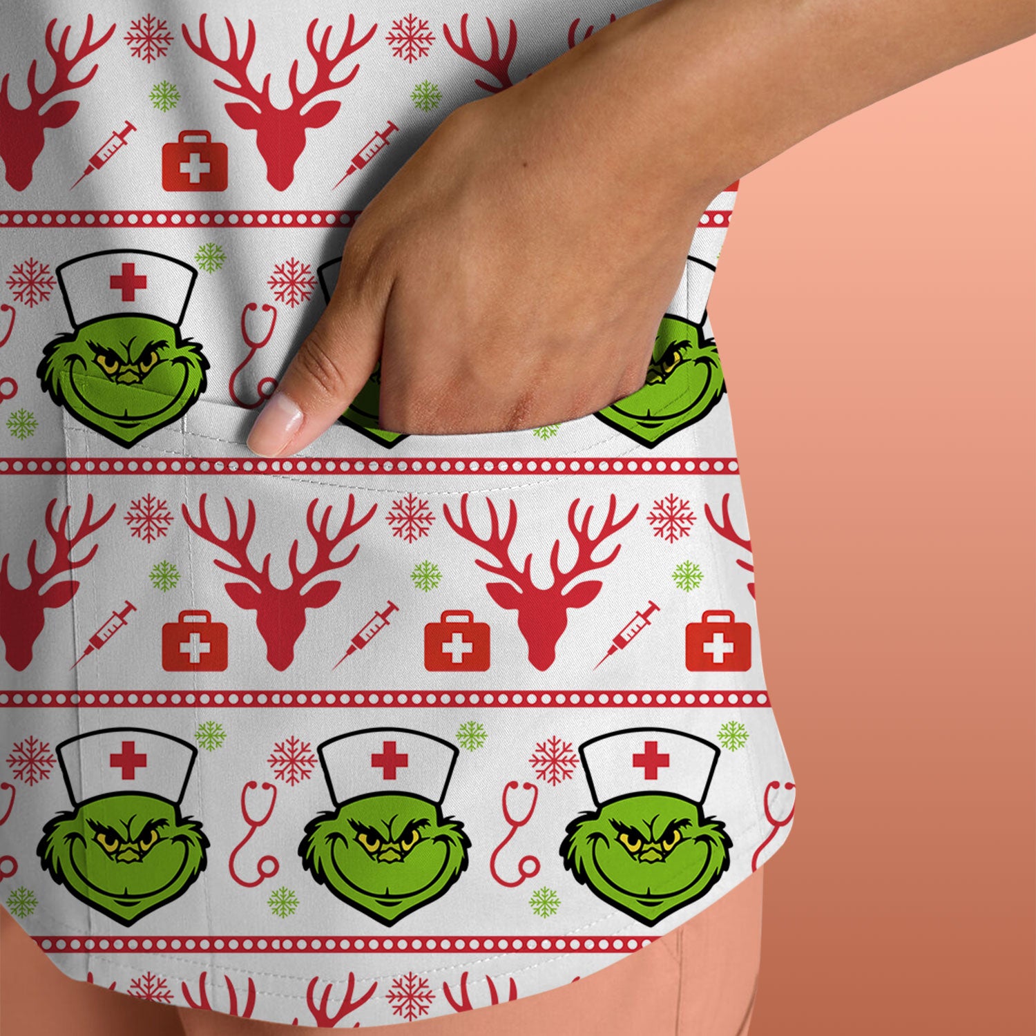 Funny Grinch Nurse Scrubs Top - Ugly Christmas Sweater Style Scrub Shirt - Holiday Nursing Workwear for Women
