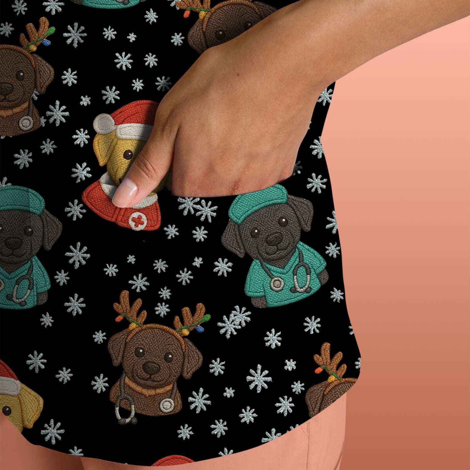 Christmas Dog Pattern Scrub Top, Cute Puppy Nurse Scrub Shirt, Holiday Nursing Uniform