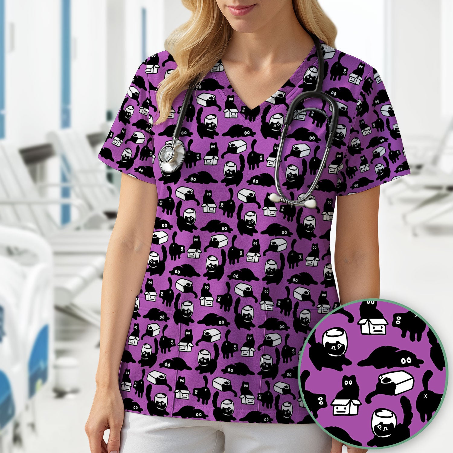 Dark Playful Cat Cartoon Pattern Scrub Top, Comfortable Scrubs for Nurses