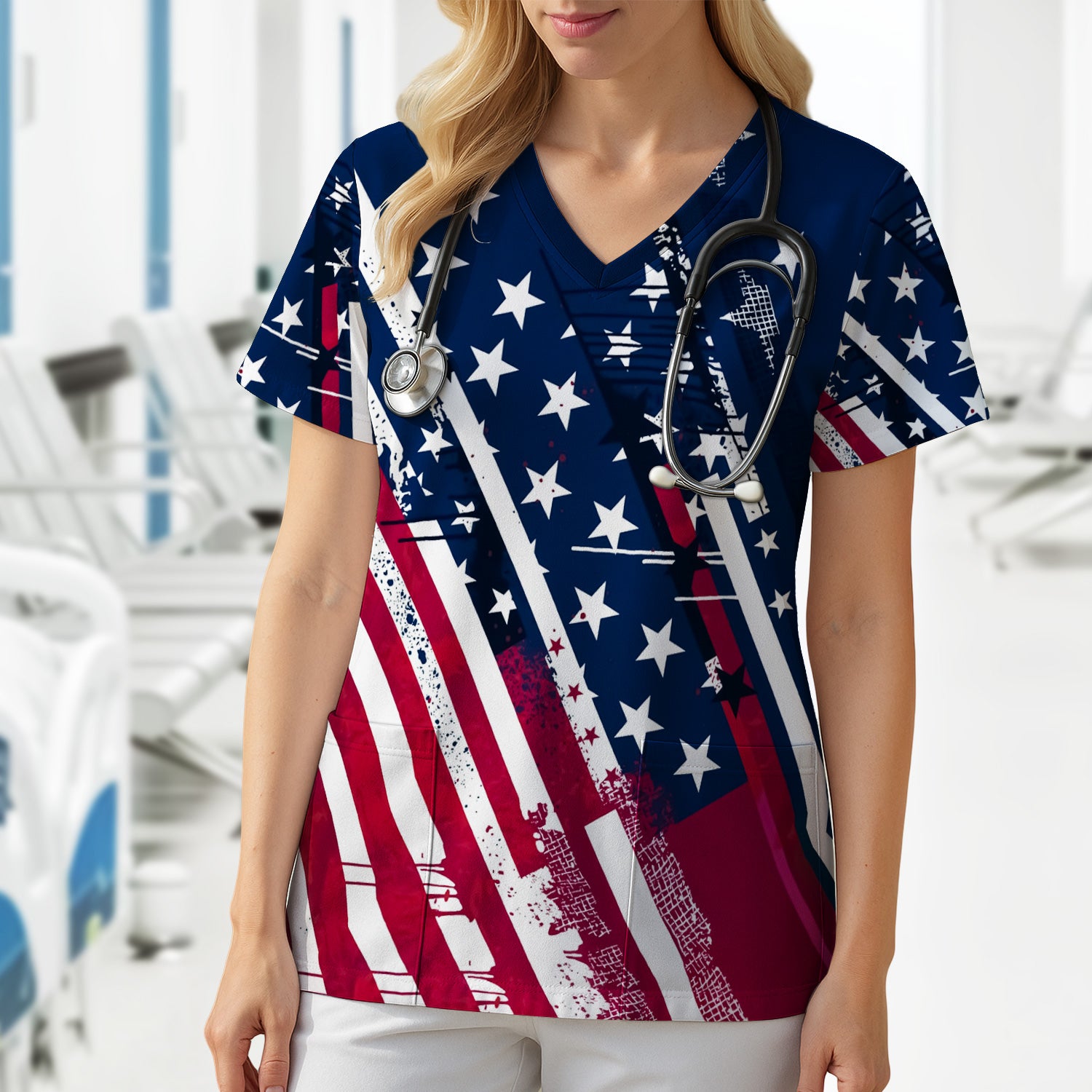 Patriotic USA Flag Stars And Stripes Grunge Pattern Scrub Top, Breathable Fabrics Nursing Uniform