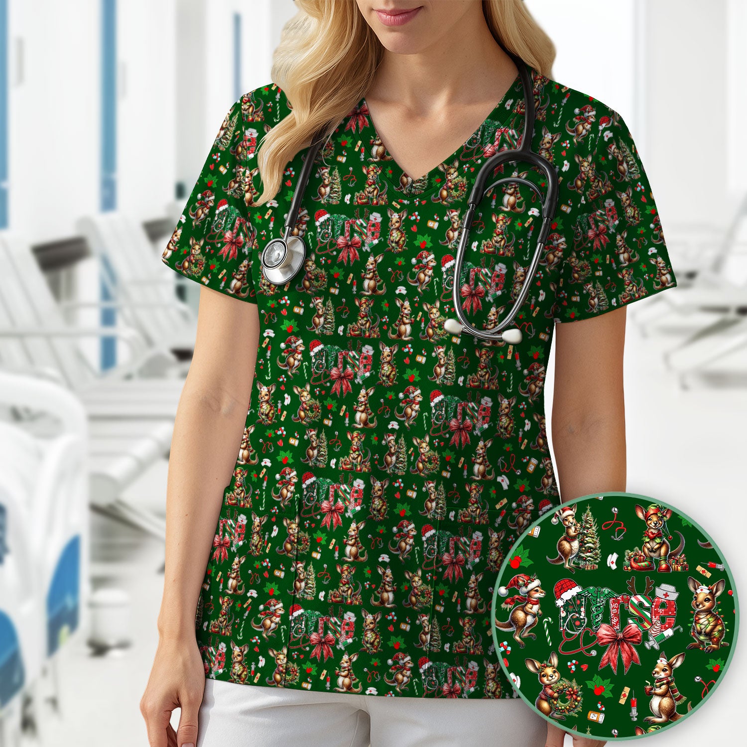 Whimsical Kangaroo Christmas Scrub Top – Festive Australian Animals Holiday Pattern – Cute Medical Uniform for Nurses, Vets & Healthcare Workers
